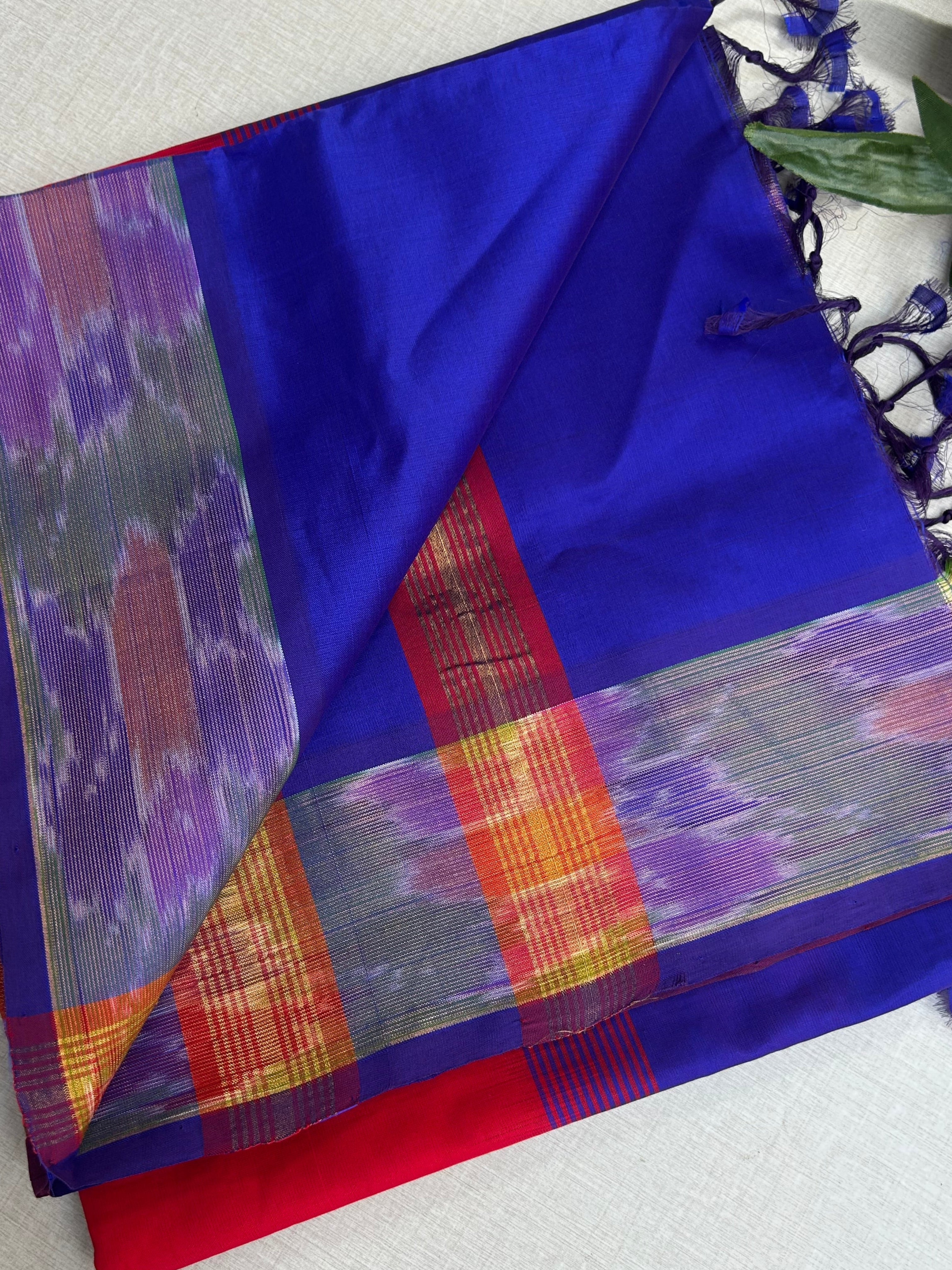 Pure Silk Cotton Handloom Saree – Royal Blue with Red Pallu and Pochampally Ikat Border|Krisa Collections