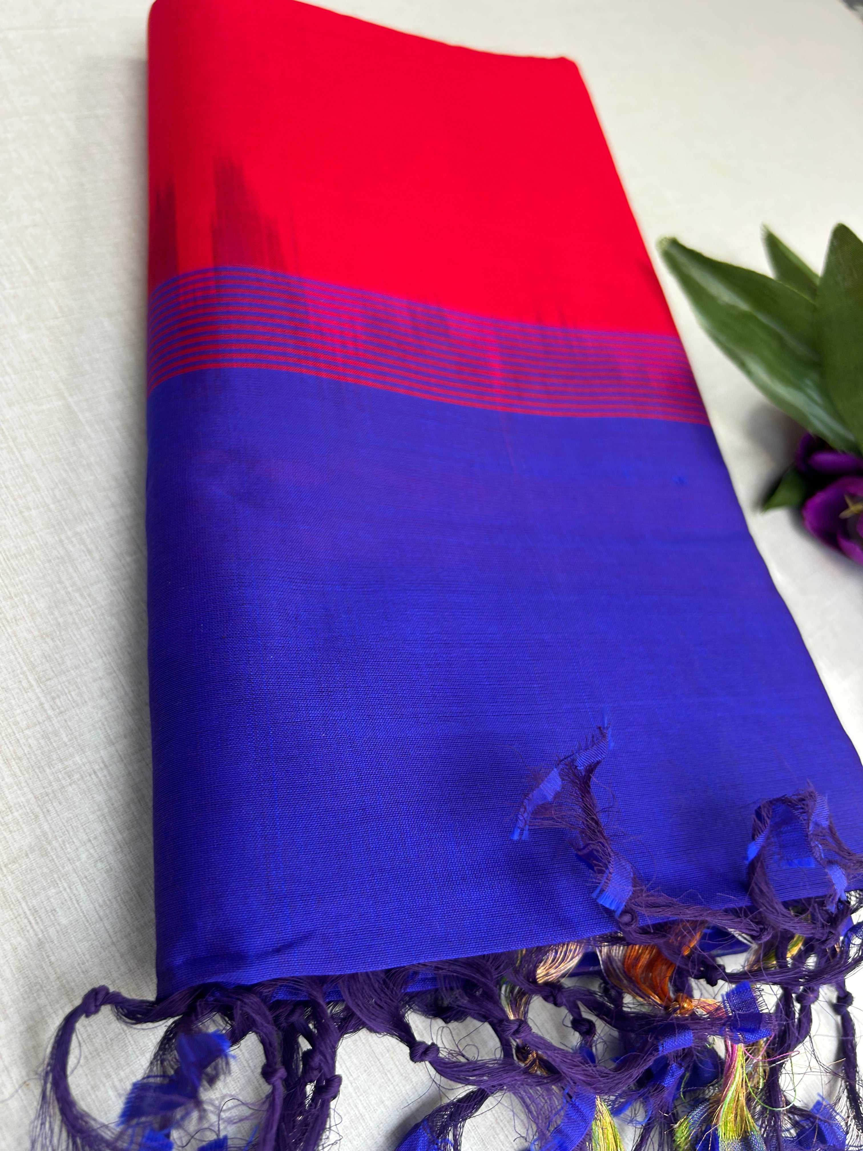 Pure Silk Cotton Handloom Saree – Royal Blue with Red Pallu and Pochampally Ikat Border|Krisa Collections
