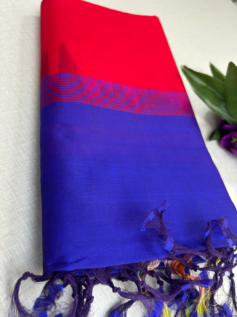 Pure Silk Cotton Handloom Saree – Royal Blue with Red Pallu and Pochampally Ikat Border|Krisa Collections