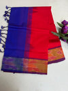 Pure Silk Cotton Handloom Saree – Royal Blue with Red Pallu and Pochampally Ikat Border|Krisa Collections