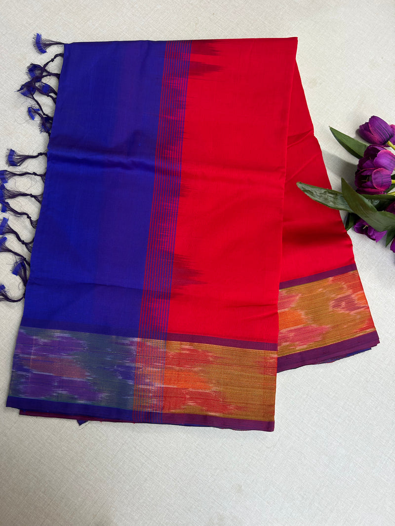 Pure Silk Cotton Handloom Saree – Royal Blue with Red Pallu and Pochampally Ikat Border|Krisa Collections