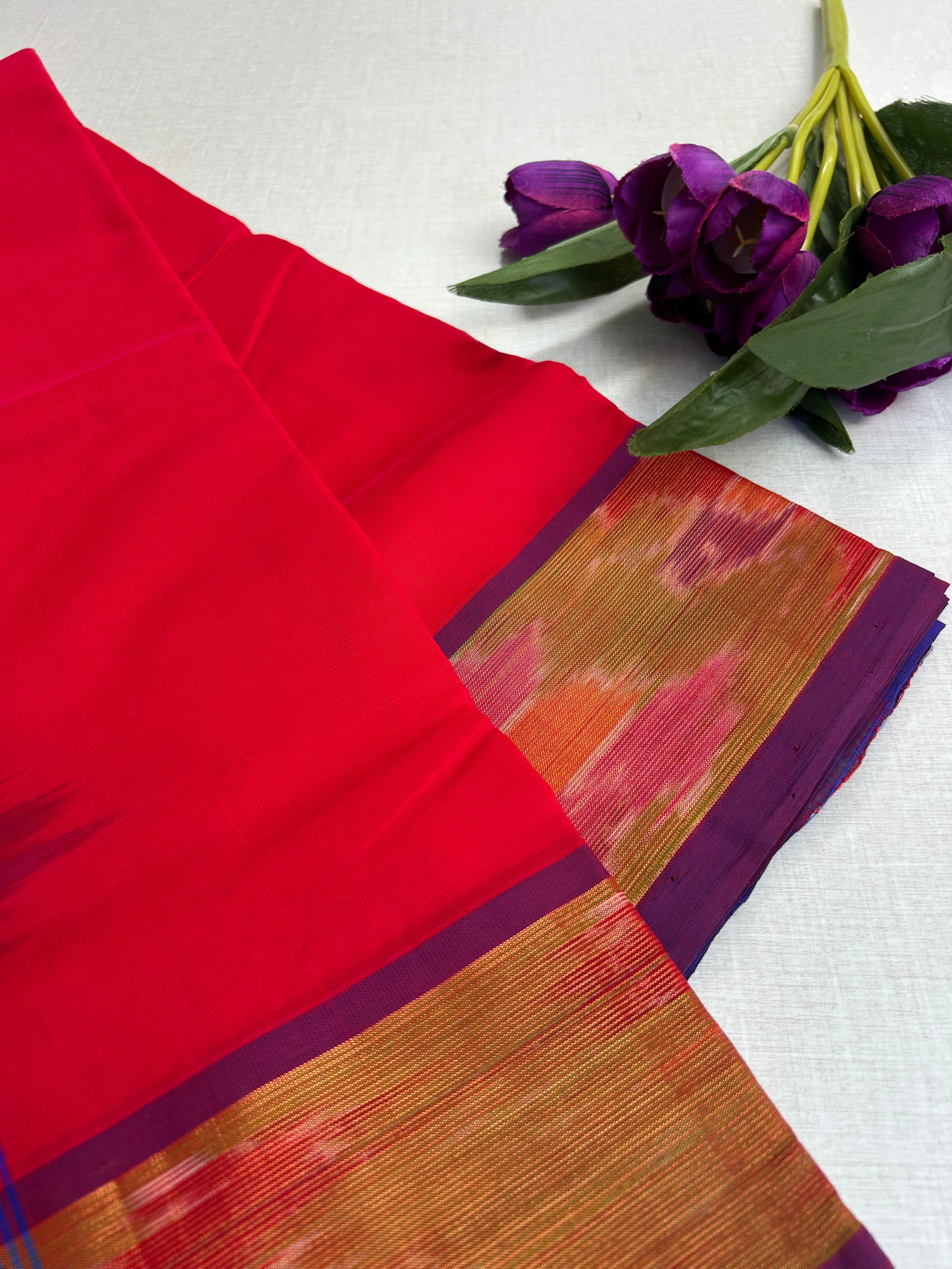 Pure Silk Cotton Handloom Saree – Royal Blue with Red Pallu and Pochampally Ikat Border|Krisa Collections