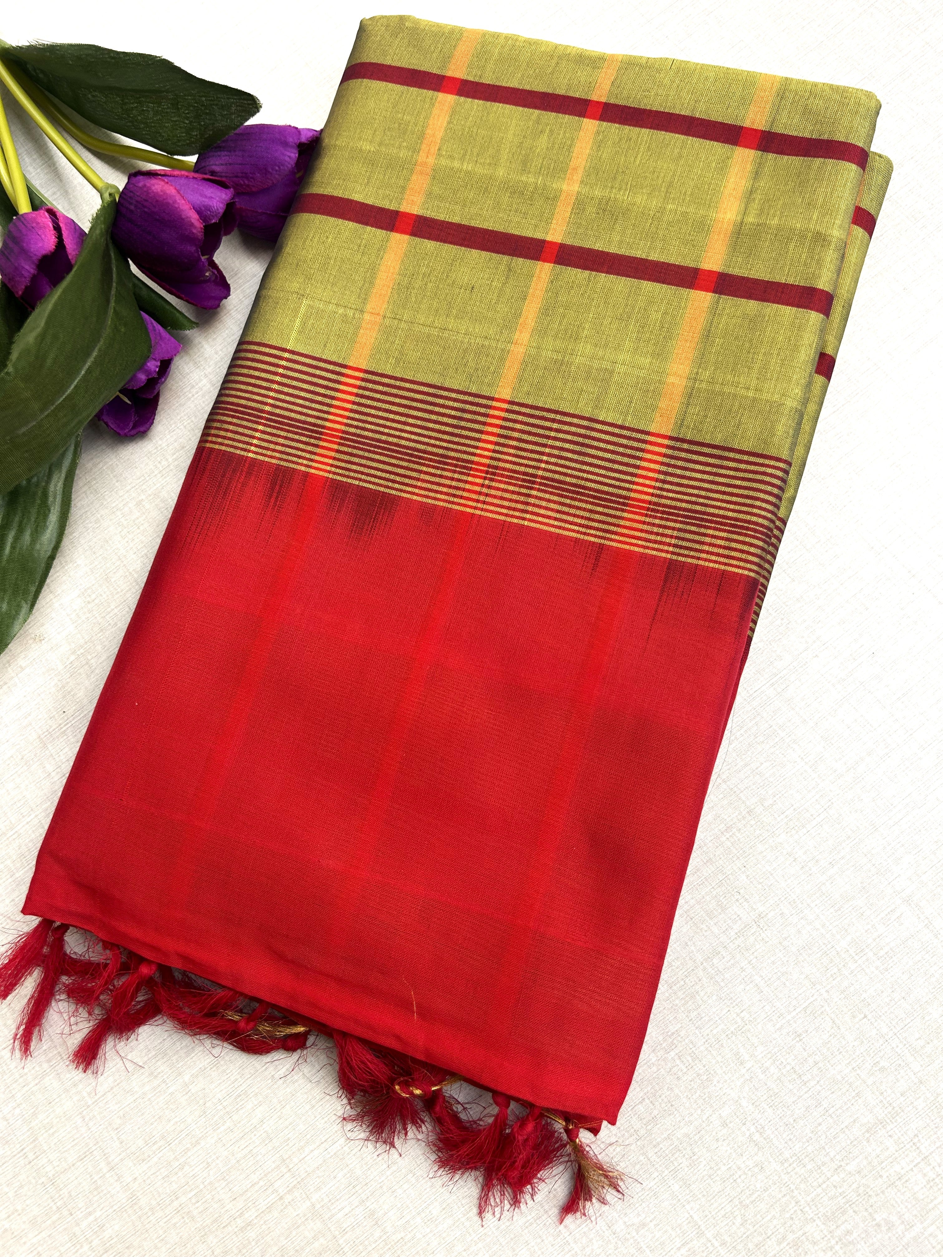 Pure Silk Cotton Kanchipuram Saree in Mustard Yellow Check with Red Border