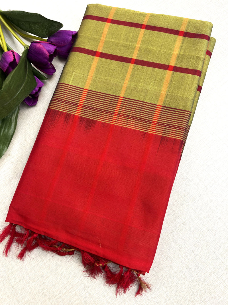 Pure Silk Cotton Kanchipuram Saree in Mustard Yellow Check with Red Border