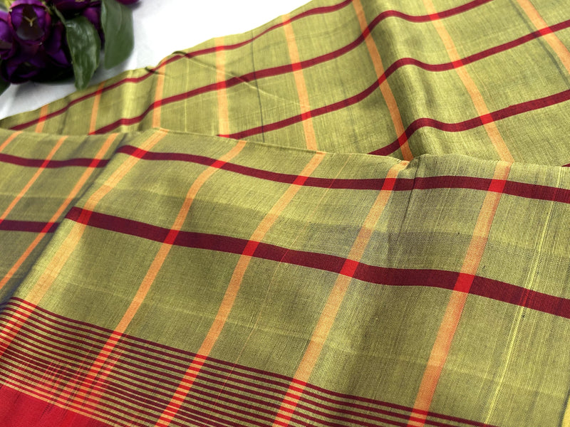 Pure Silk Cotton Kanchipuram Saree in Mustard Yellow Check with Red Border