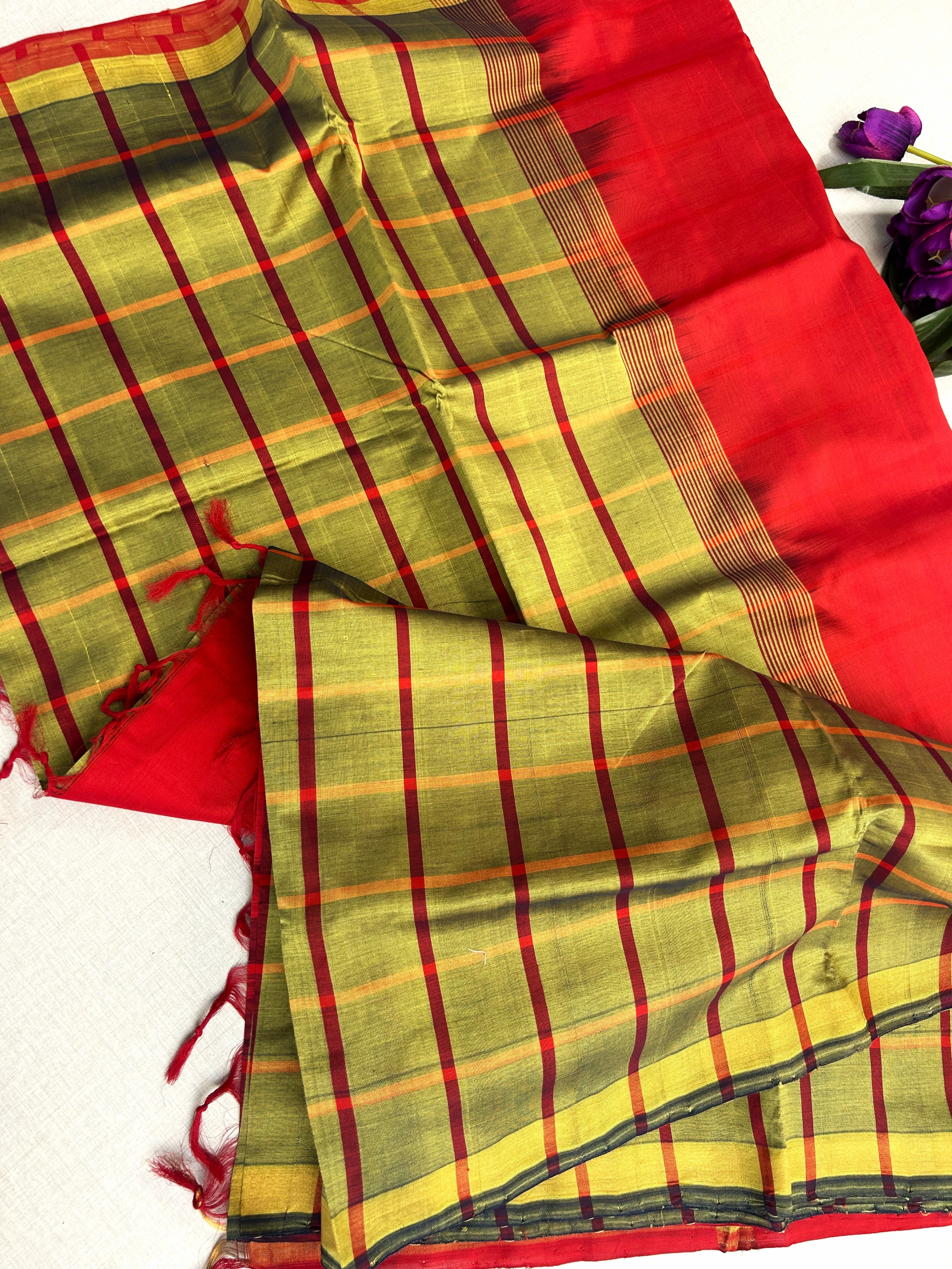Pure Silk Cotton Kanchipuram Saree in Mustard Yellow Check with Red Border