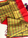 Pure Silk Cotton Kanchipuram Saree in Mustard Yellow Check with Red Border