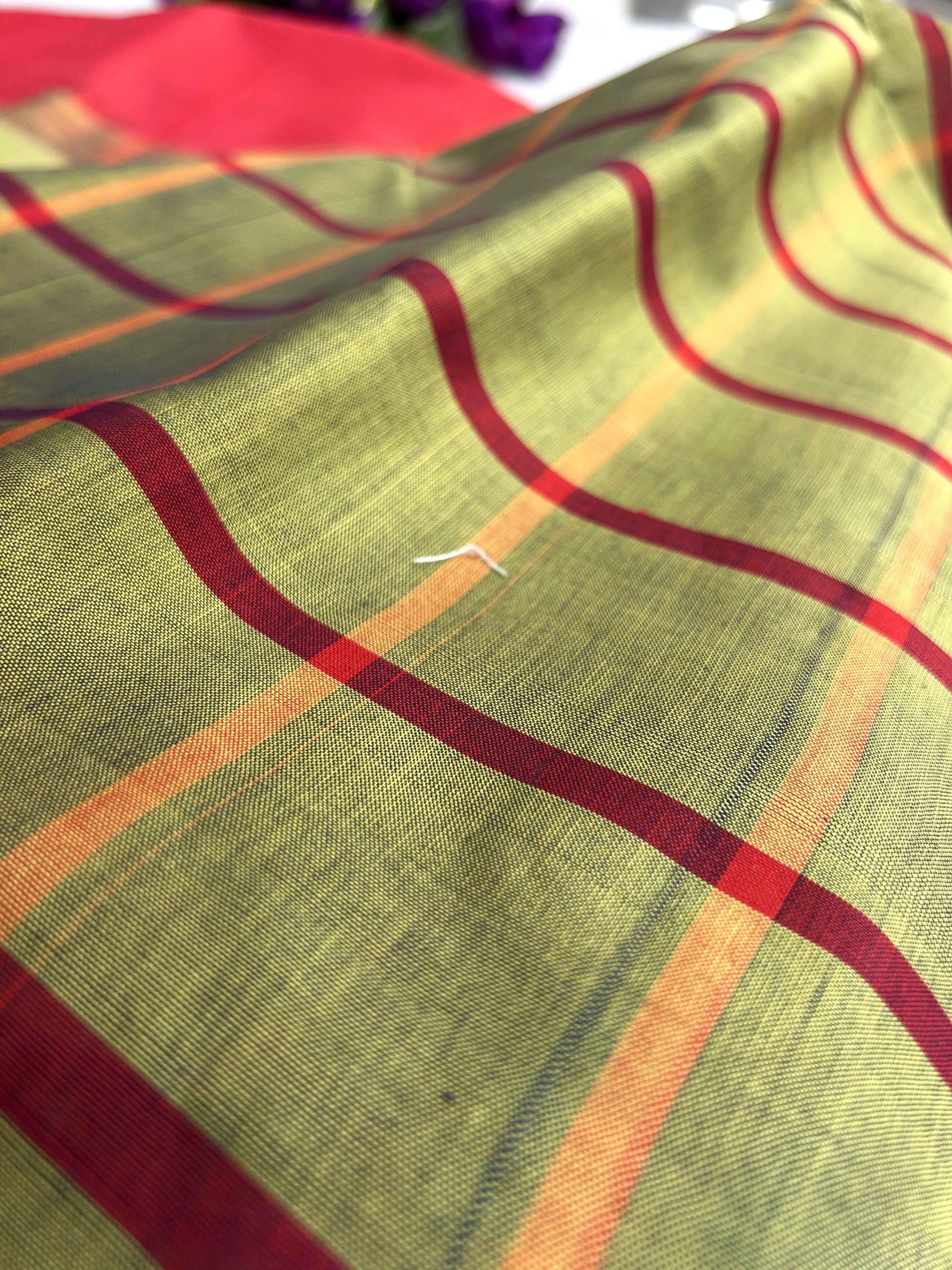 Pure Silk Cotton Kanchipuram Saree in Mustard Yellow Check with Red Border