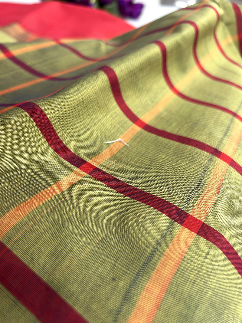 Pure Silk Cotton Kanchipuram Saree in Mustard Yellow Check with Red Border