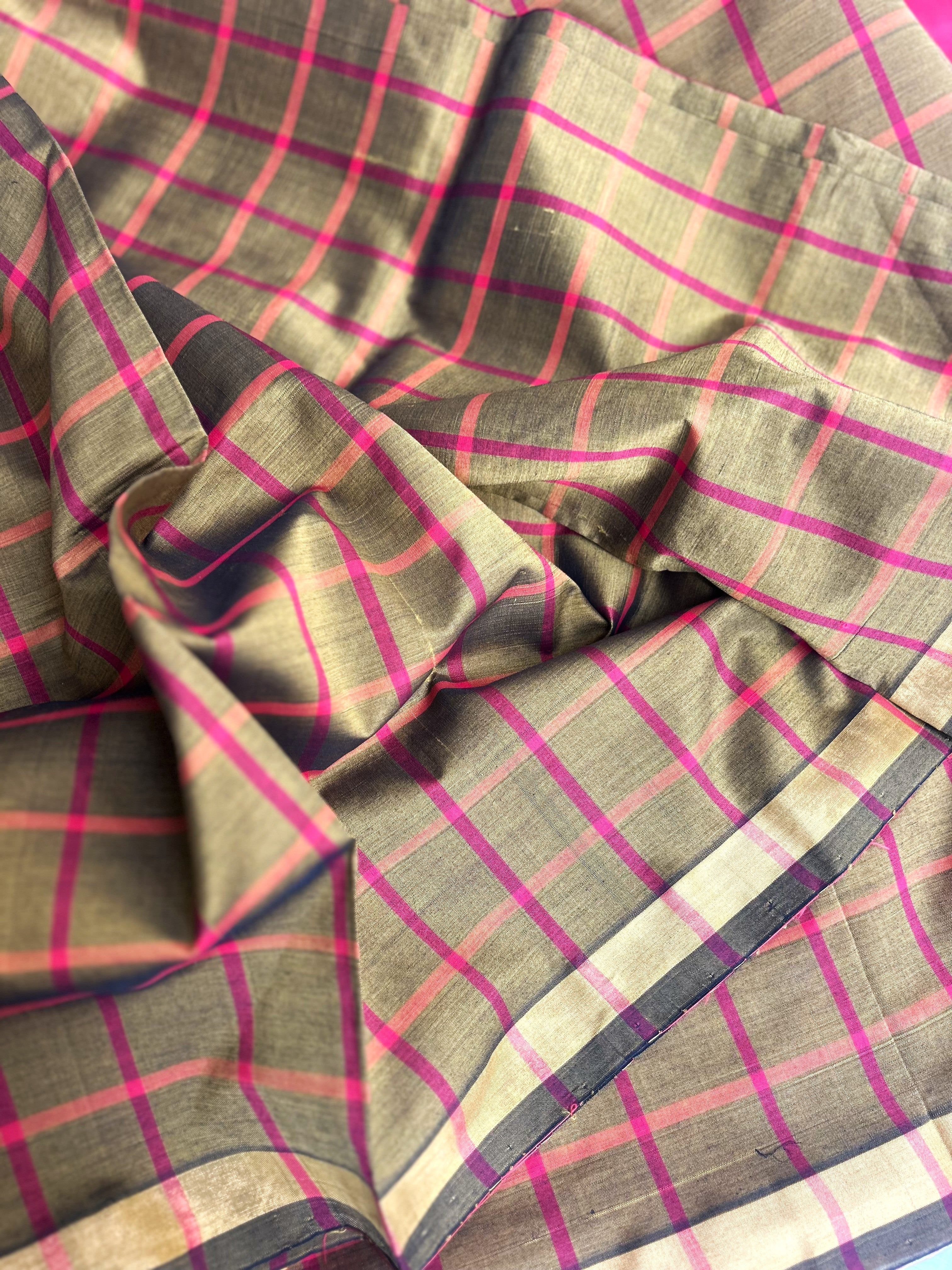 Pure Silk Cotton Kanchipuram Saree in Olive-Mustard with Pink Zari Border | Checked/Tartan Pattern