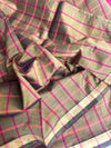 Pure Silk Cotton Kanchipuram Saree in Olive-Mustard with Pink Zari Border | Checked/Tartan Pattern