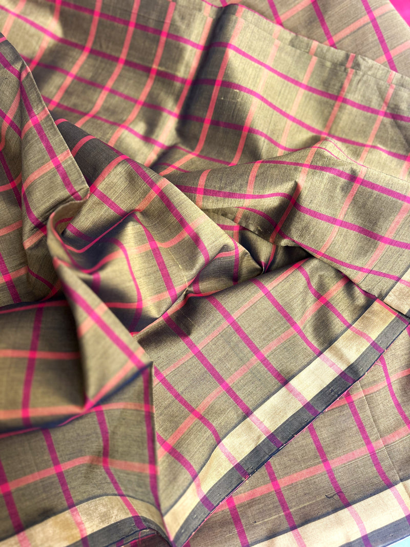 Pure Silk Cotton Kanchipuram Saree in Olive-Mustard with Pink Zari Border | Checked/Tartan Pattern