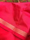 Pure Silk Cotton Kanchipuram Saree in Olive-Mustard with Pink Zari Border | Checked/Tartan Pattern