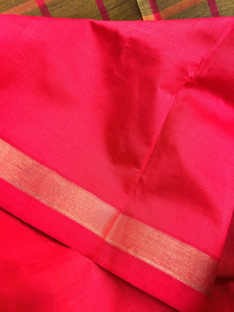 Pure Silk Cotton Kanchipuram Saree in Olive-Mustard with Pink Zari Border | Checked/Tartan Pattern