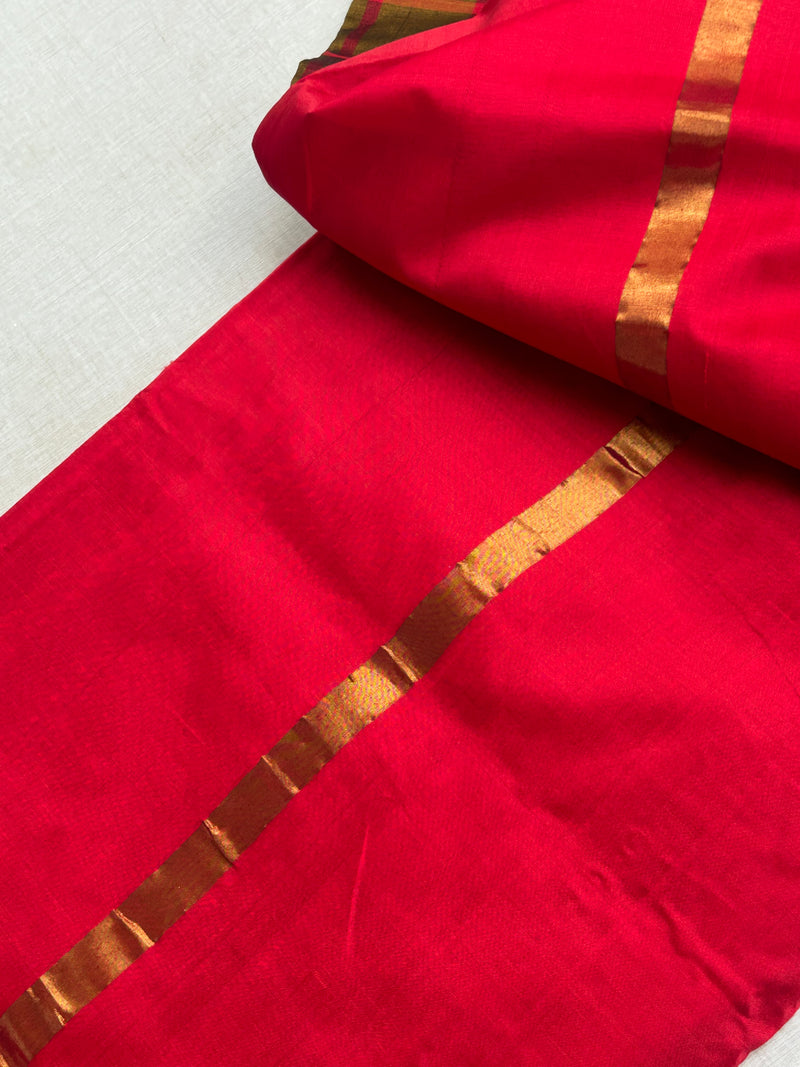 Pure Silk Cotton Kanchipuram Saree in Olive-Mustard with Pink Zari Border | Checked/Tartan Pattern