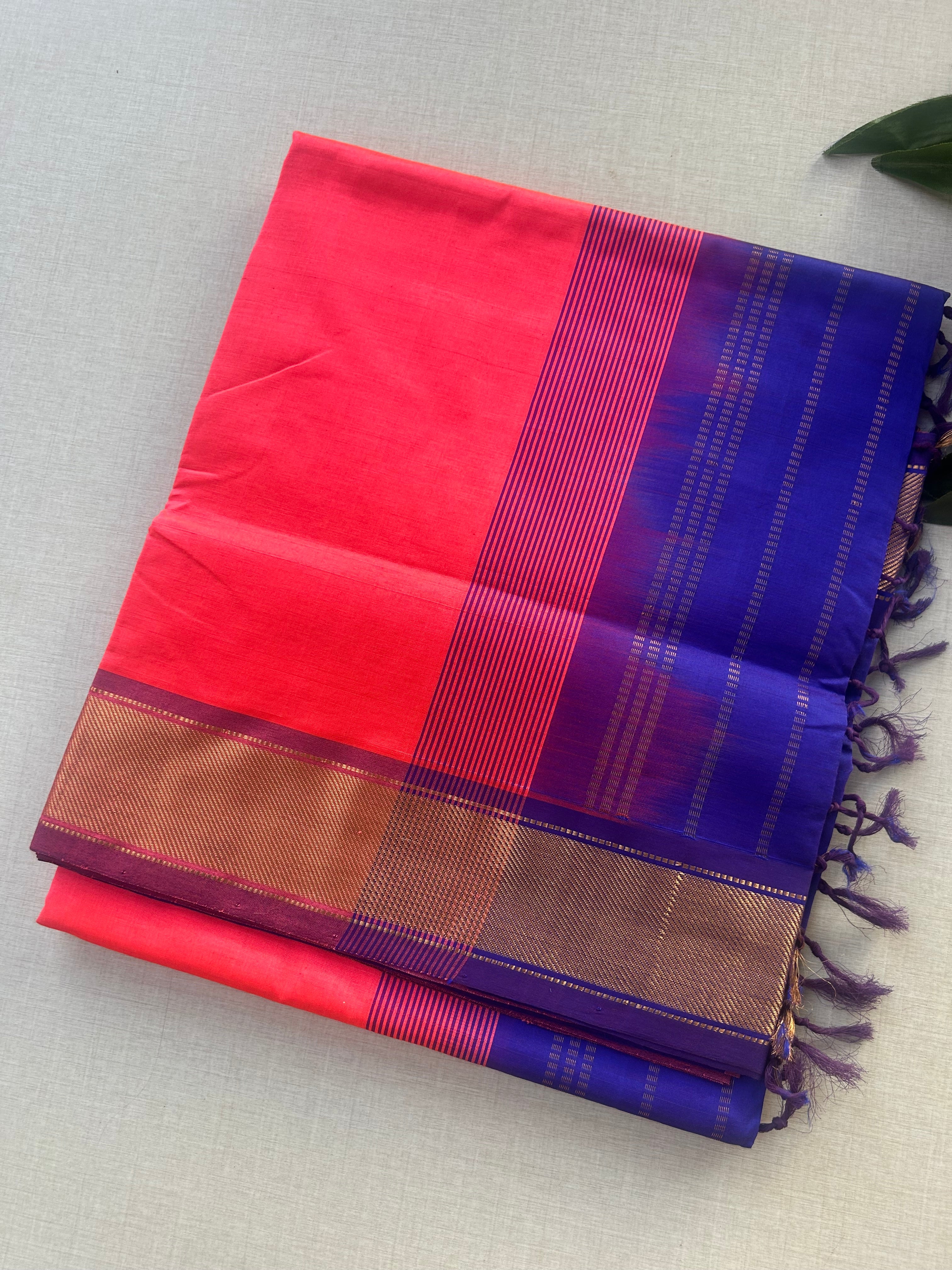 Coral Pink Kanchipuram Silk Cotton Saree with Royal Blue Contrast Pallu | Pure Handloom Kanjivaram Saree with Gold Zari Border | Traditional Wedding Saree