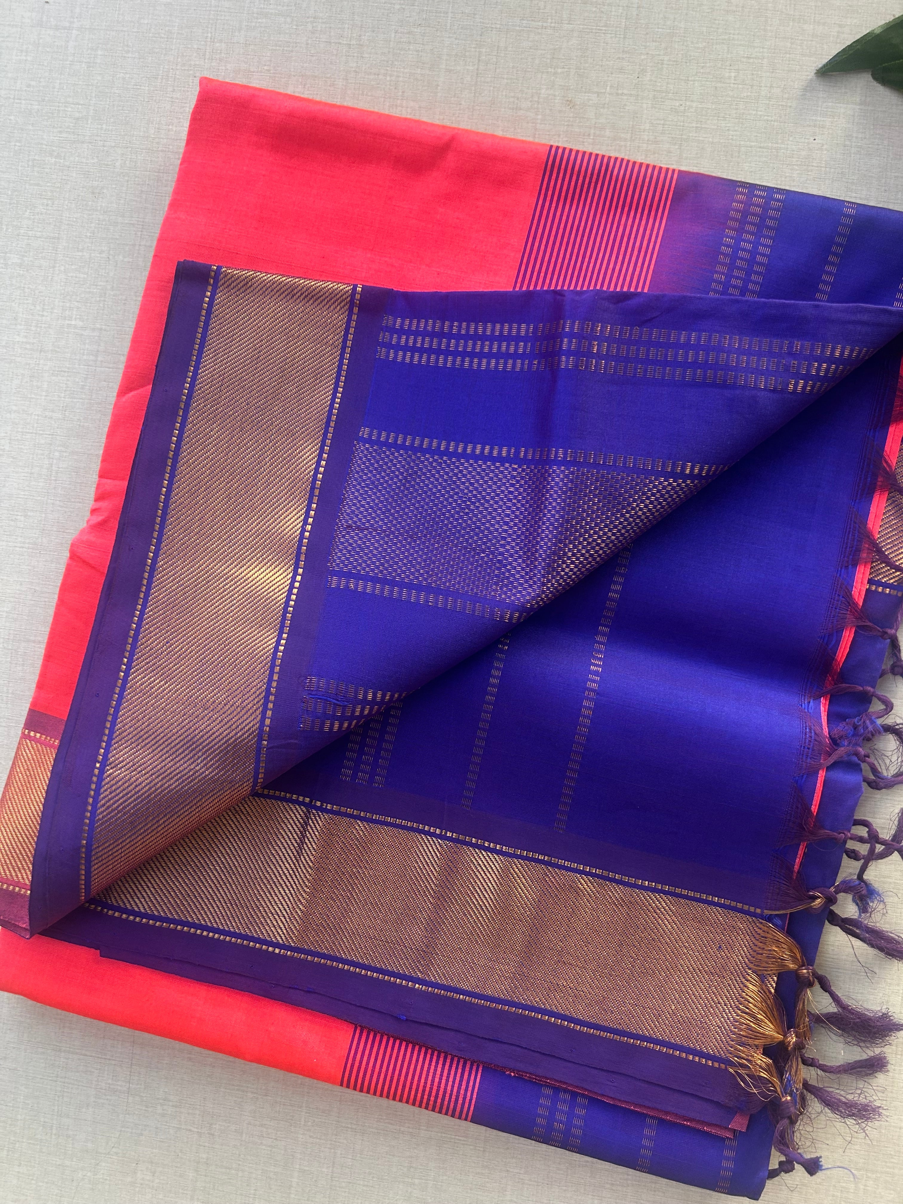 Coral Pink Kanchipuram Silk Cotton Saree with Royal Blue Contrast Pallu | Pure Handloom Kanjivaram Saree with Gold Zari Border | Traditional Wedding Saree