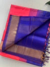 Coral Pink Kanchipuram Silk Cotton Saree with Royal Blue Contrast Pallu | Pure Handloom Kanjivaram Saree with Gold Zari Border | Traditional Wedding Saree