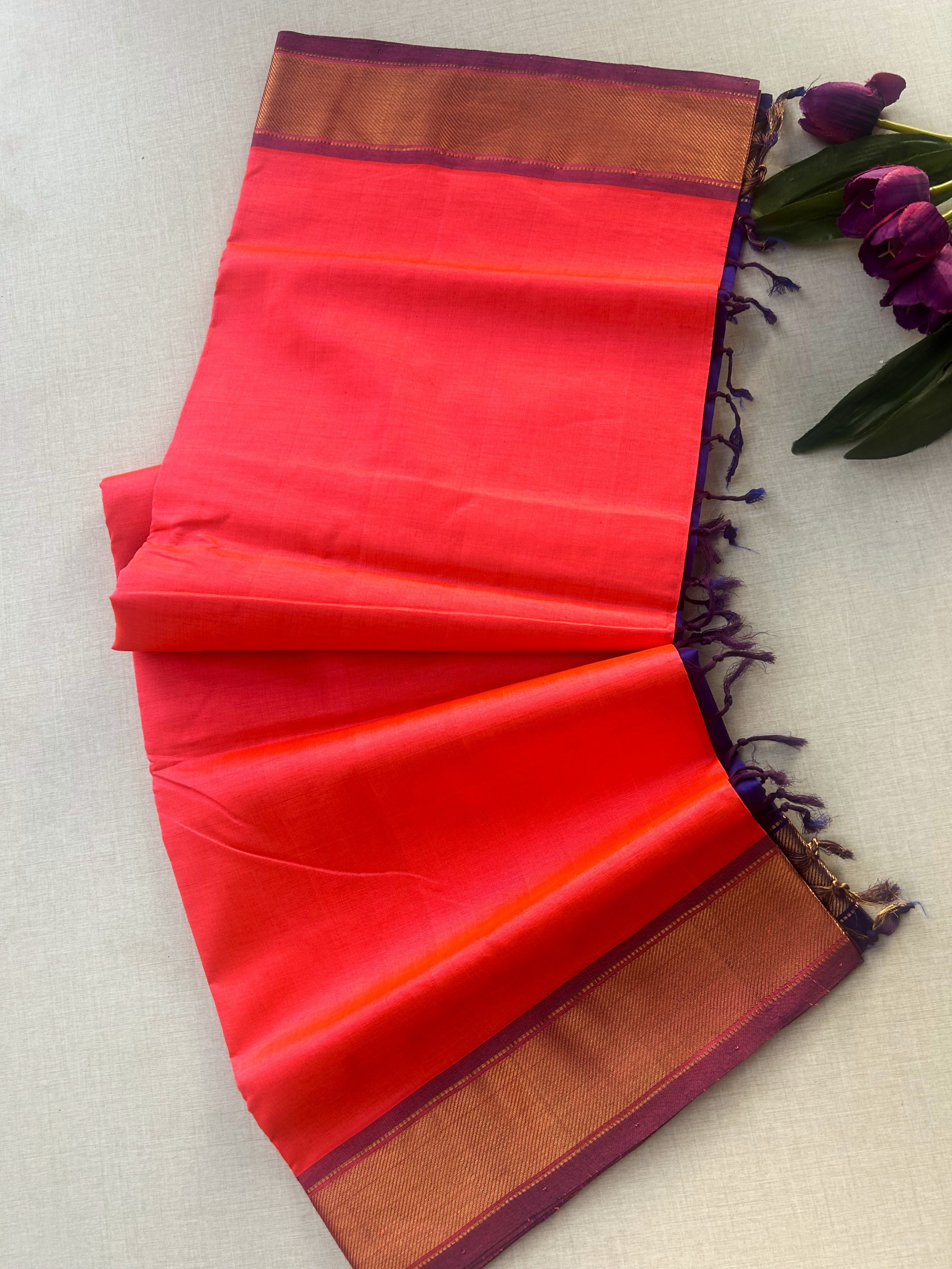 Coral Pink Kanchipuram Silk Cotton Saree with Royal Blue Contrast Pallu | Pure Handloom Kanjivaram Saree with Gold Zari Border | Traditional Wedding Saree