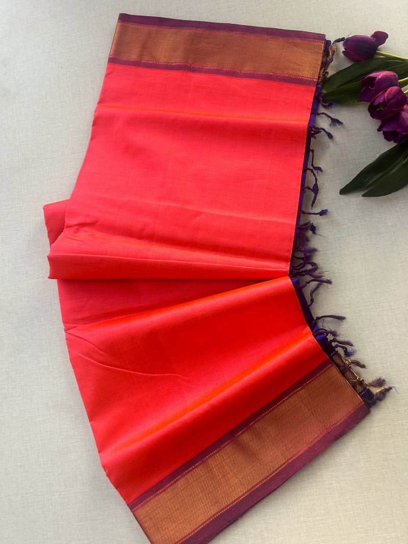Coral Pink Kanchipuram Silk Cotton Saree with Royal Blue Contrast Pallu | Pure Handloom Kanjivaram Saree with Gold Zari Border | Traditional Wedding Saree