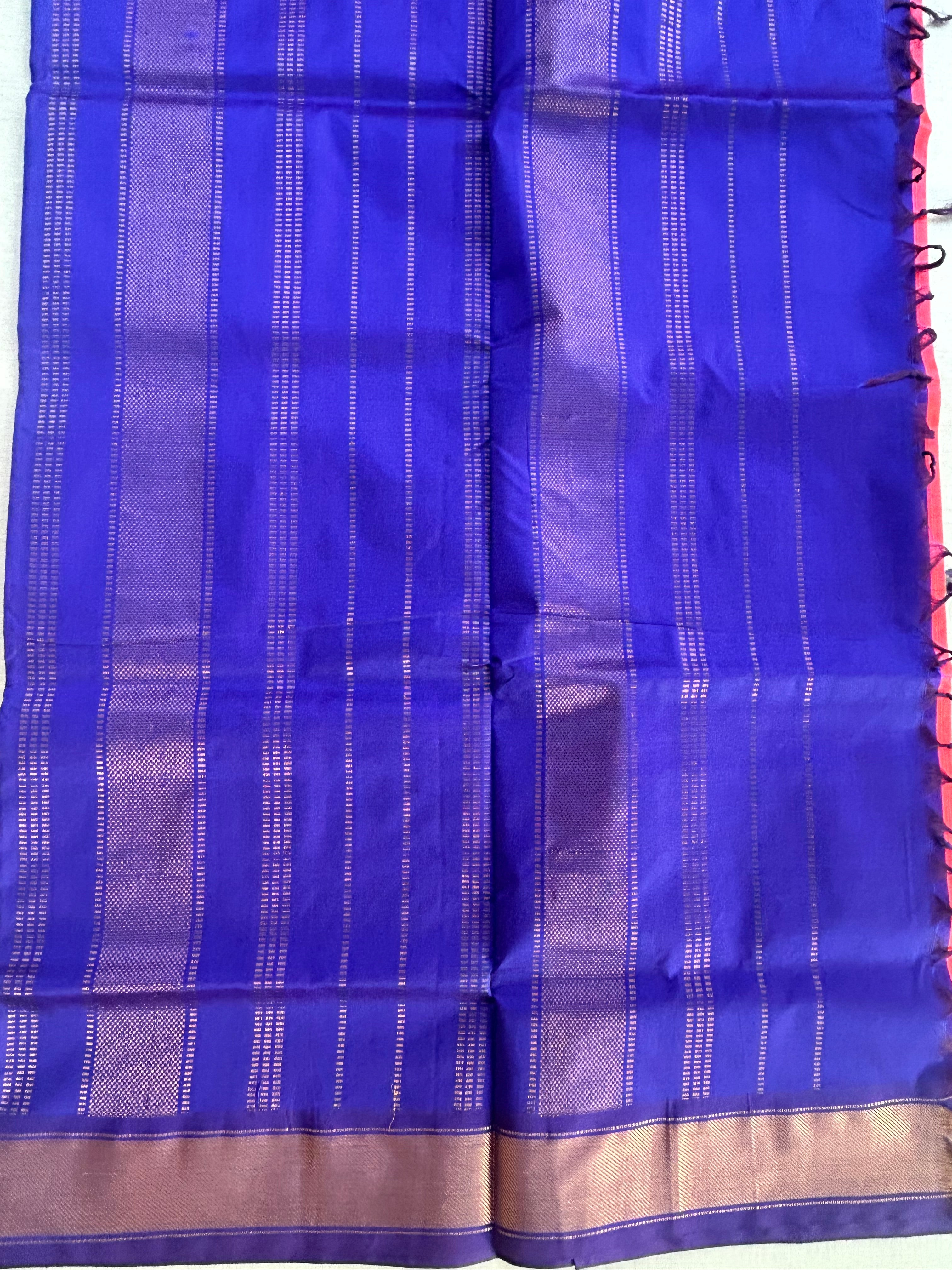 Coral Pink Kanchipuram Silk Cotton Saree with Royal Blue Contrast Pallu | Pure Handloom Kanjivaram Saree with Gold Zari Border | Traditional Wedding Saree