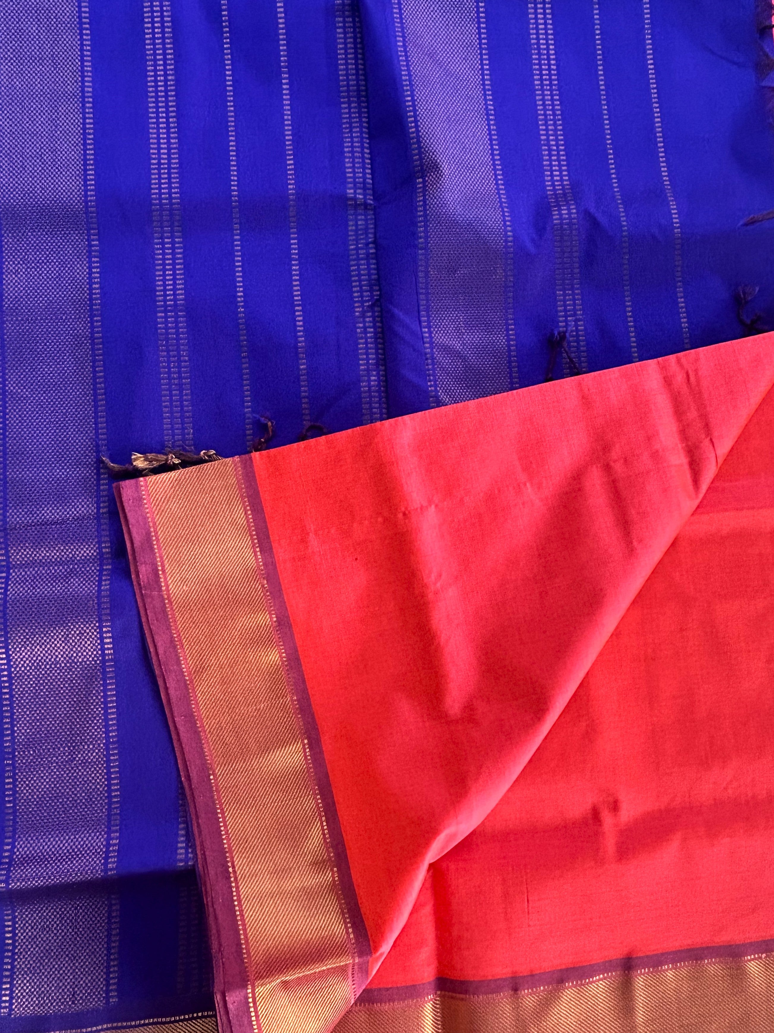 Coral Pink Kanchipuram Silk Cotton Saree with Royal Blue Contrast Pallu | Pure Handloom Kanjivaram Saree with Gold Zari Border | Traditional Wedding Saree