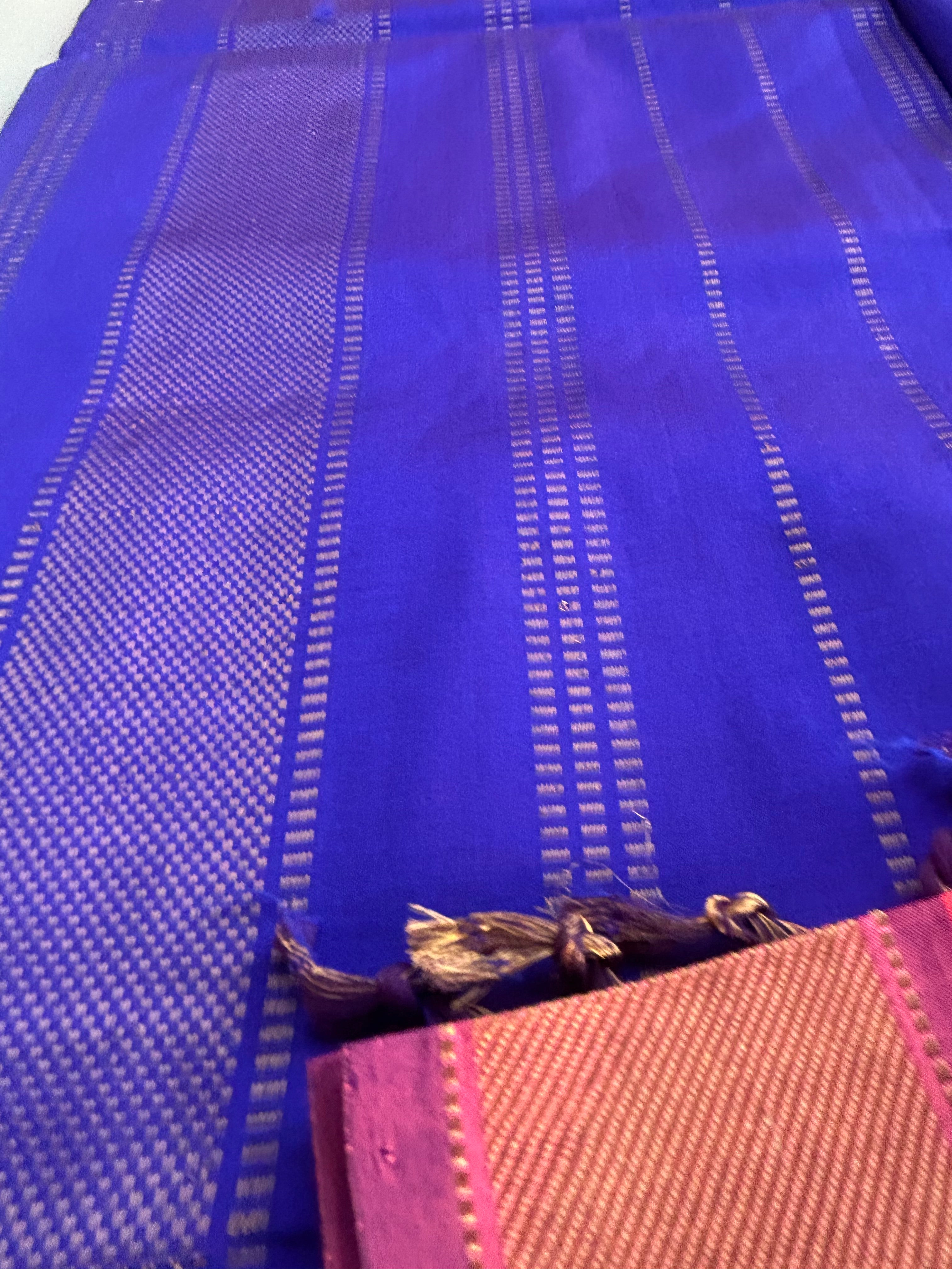 Coral Pink Kanchipuram Silk Cotton Saree with Royal Blue Contrast Pallu | Pure Handloom Kanjivaram Saree with Gold Zari Border | Traditional Wedding Saree