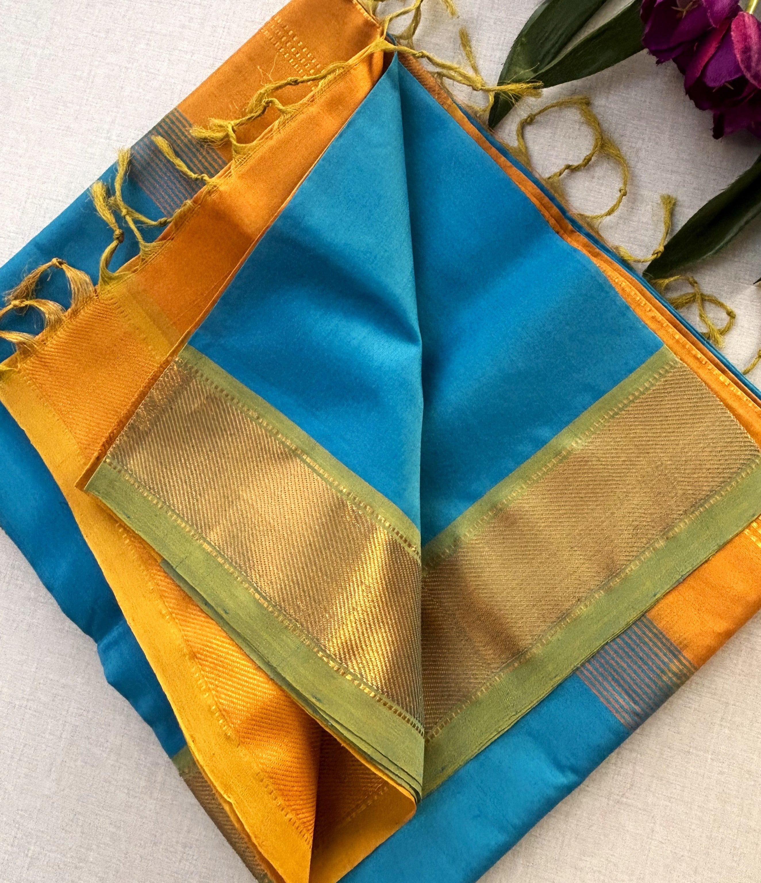 Turquoise Blue Kanchipuram Silk Cotton Saree with Mustard Yellow Zari Pallu | Pure Handloom Kanjivaram Saree with Gold Border | Traditional Festive Saree