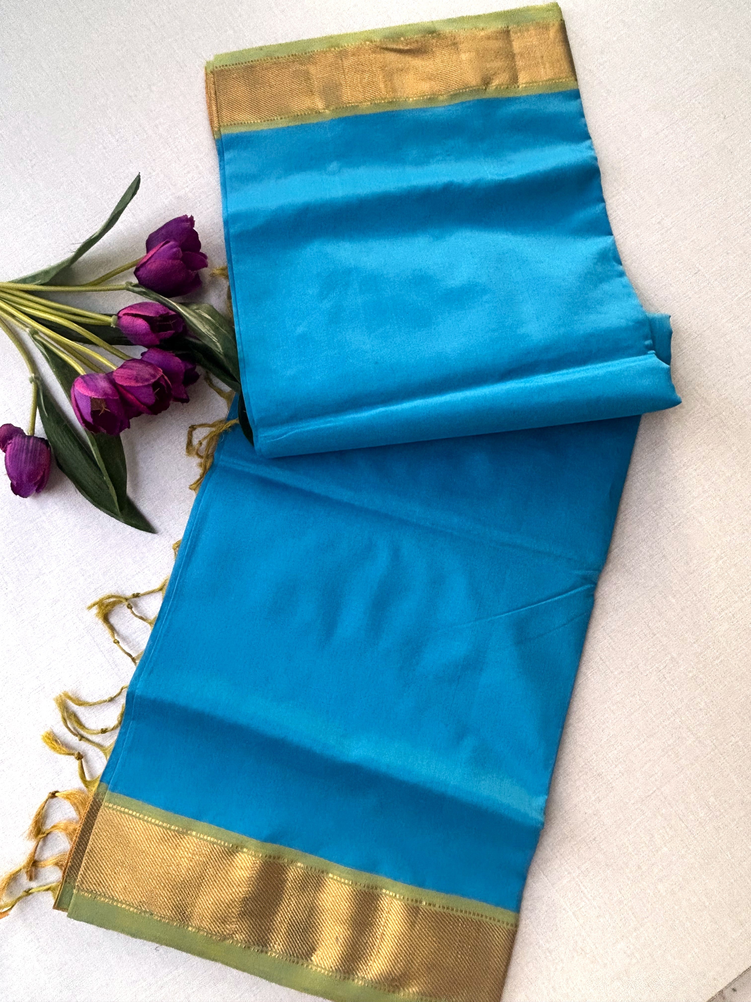 Turquoise Blue Kanchipuram Silk Cotton Saree with Mustard Yellow Zari Pallu | Pure Handloom Kanjivaram Saree with Gold Border | Traditional Festive Saree