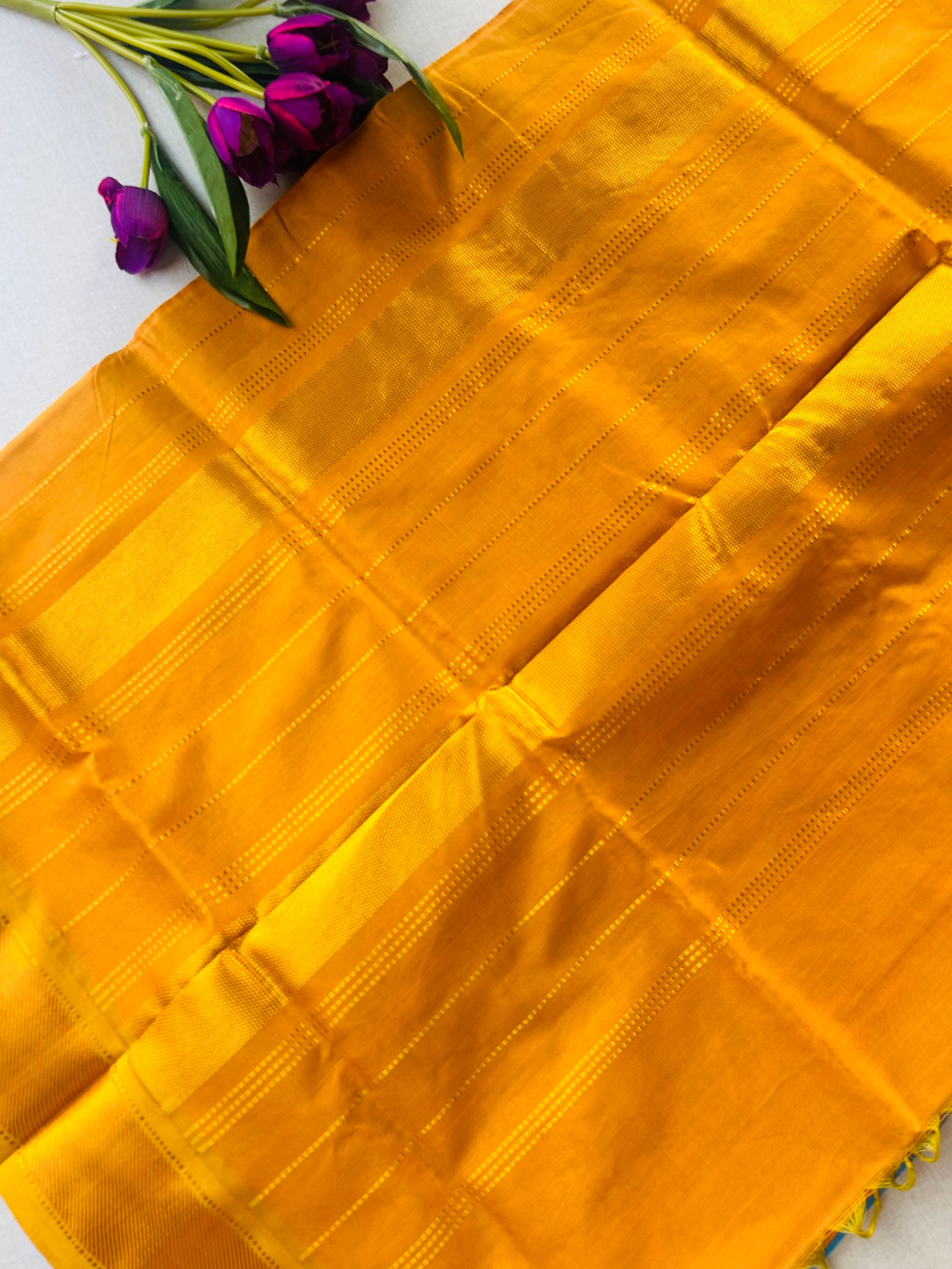 Turquoise Blue Kanchipuram Silk Cotton Saree with Mustard Yellow Zari Pallu | Pure Handloom Kanjivaram Saree with Gold Border | Traditional Festive Saree