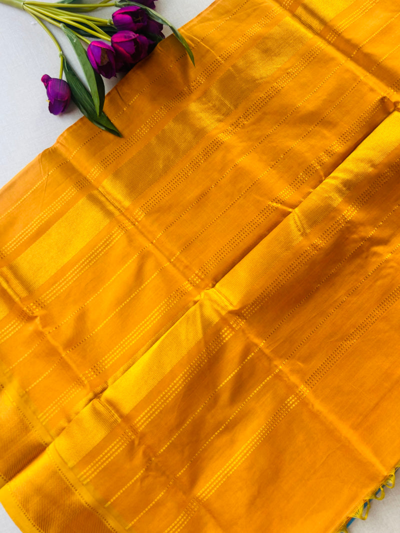 Turquoise Blue Kanchipuram Silk Cotton Saree with Mustard Yellow Zari Pallu | Pure Handloom Kanjivaram Saree with Gold Border | Traditional Festive Saree
