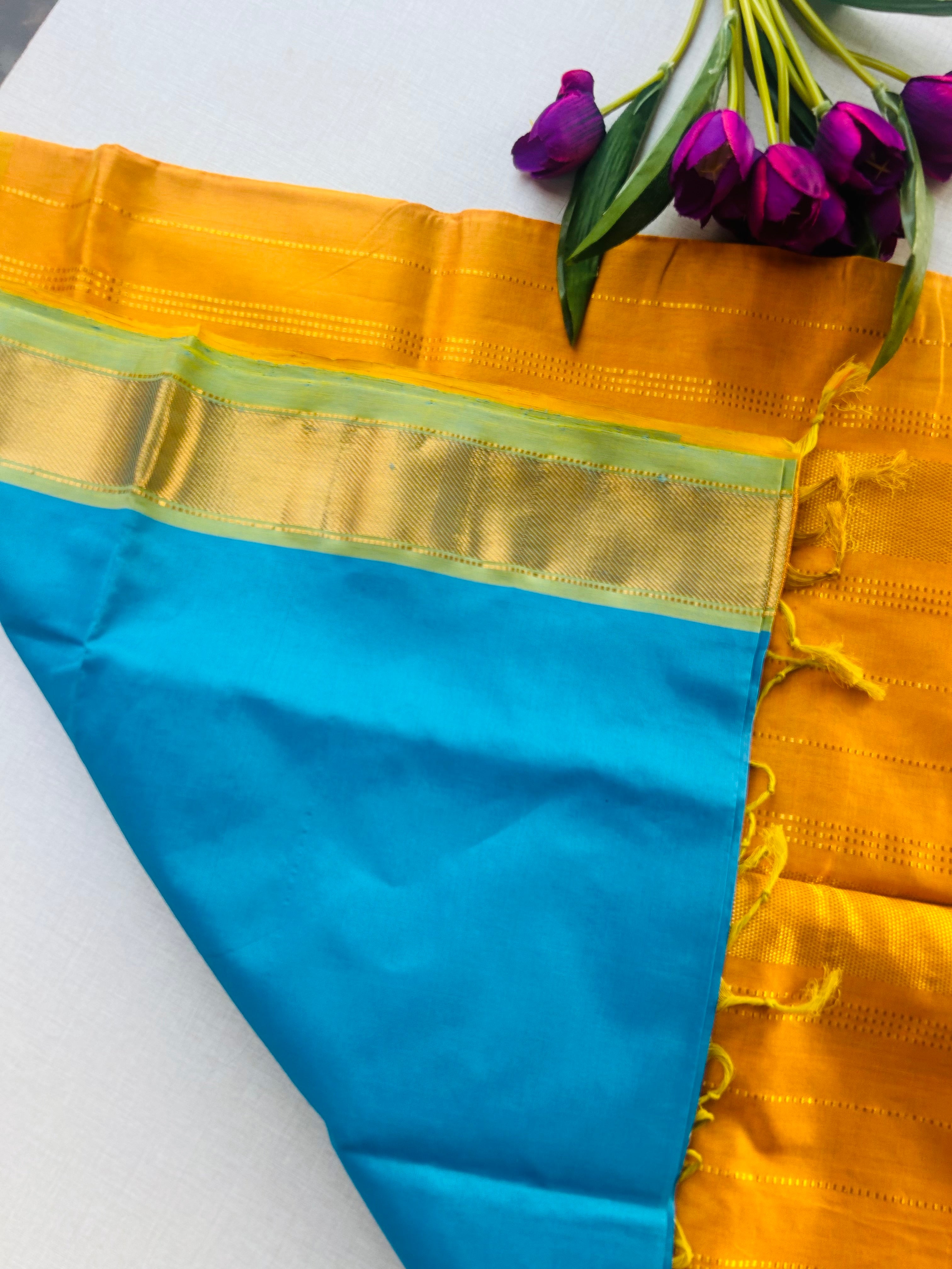 Turquoise Blue Kanchipuram Silk Cotton Saree with Mustard Yellow Zari Pallu | Pure Handloom Kanjivaram Saree with Gold Border | Traditional Festive Saree