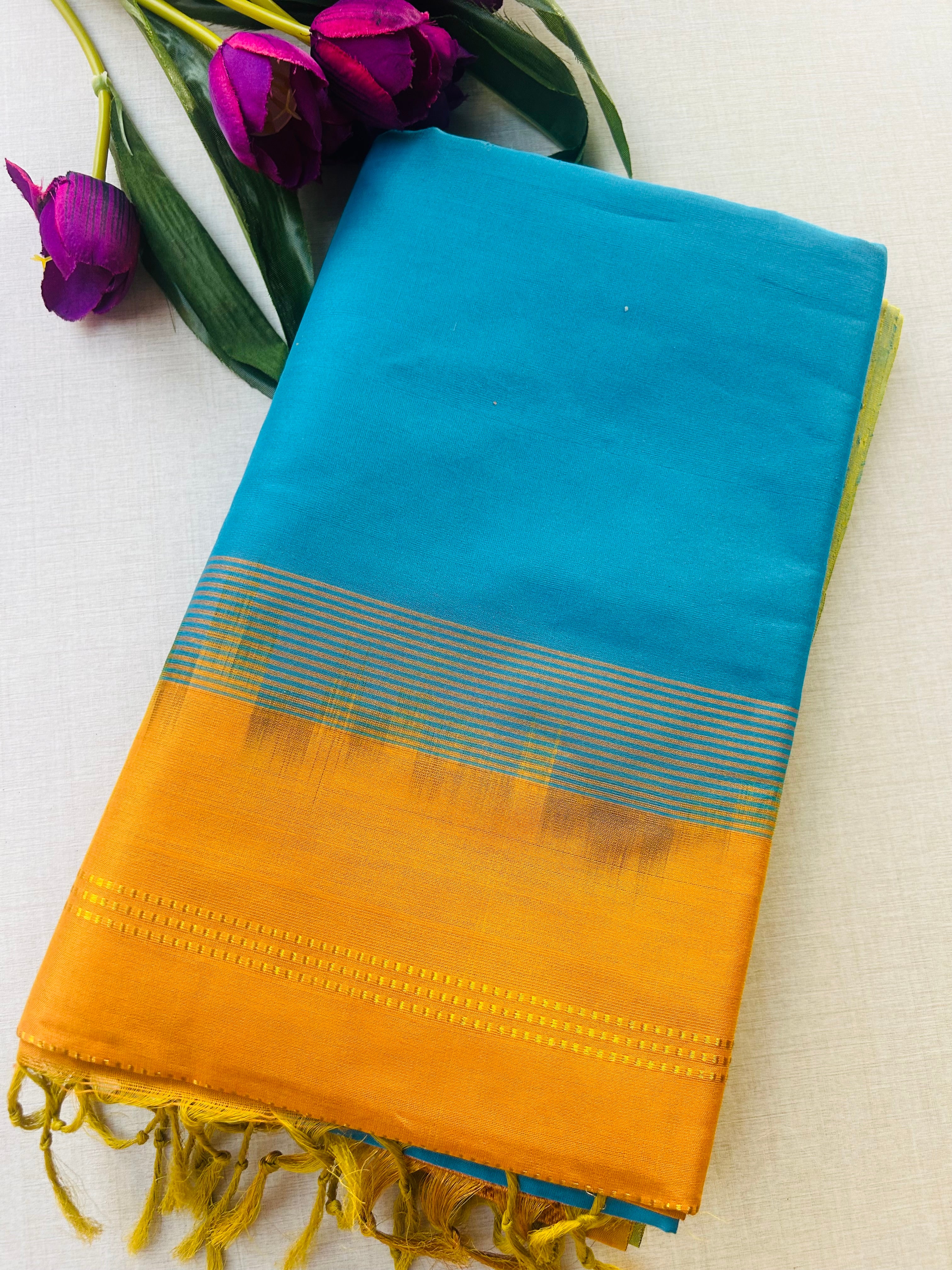 Turquoise Blue Kanchipuram Silk Cotton Saree with Mustard Yellow Zari Pallu | Pure Handloom Kanjivaram Saree with Gold Border | Traditional Festive Saree