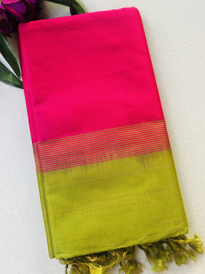 Rani Pink Kanchipuram Silk Cotton Saree with Gold Zari Border | Pure Handloom Kanjivaram Saree with Contrast Lime Green Pallu | Traditional Wedding Saree