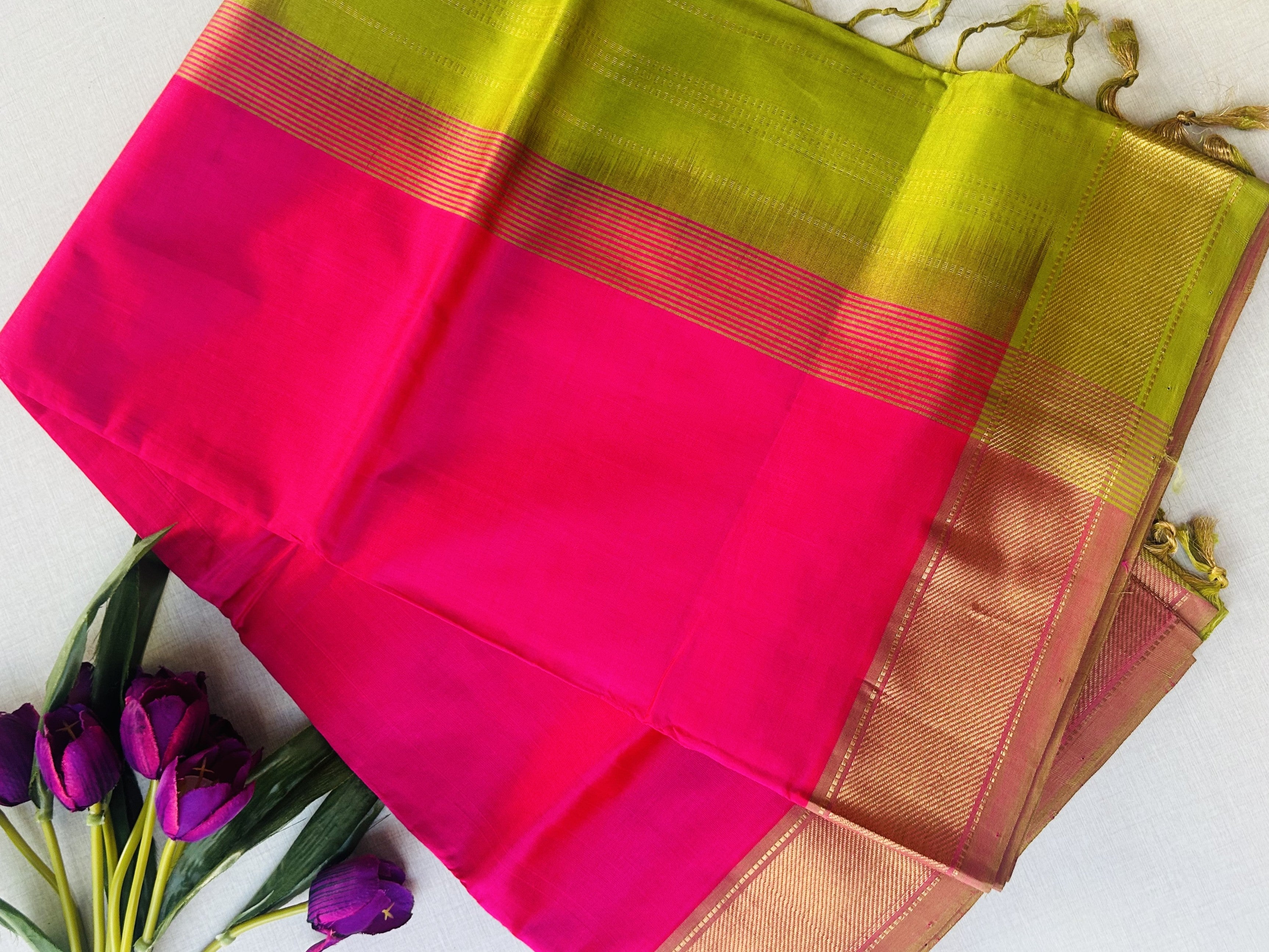 Rani Pink Kanchipuram Silk Cotton Saree with Gold Zari Border | Pure Handloom Kanjivaram Saree with Contrast Lime Green Pallu | Traditional Wedding Saree