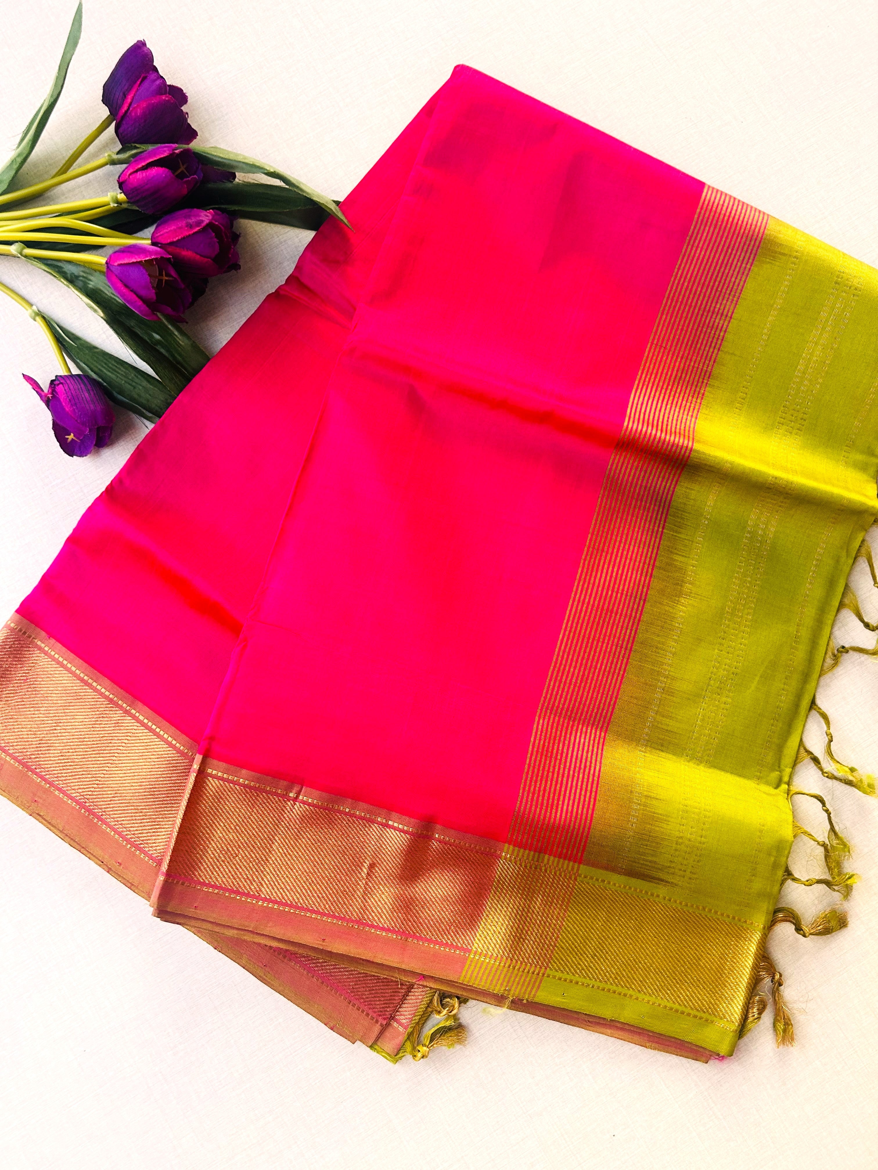 Rani Pink Kanchipuram Silk Cotton Saree with Gold Zari Border | Pure Handloom Kanjivaram Saree with Contrast Lime Green Pallu | Traditional Wedding Saree
