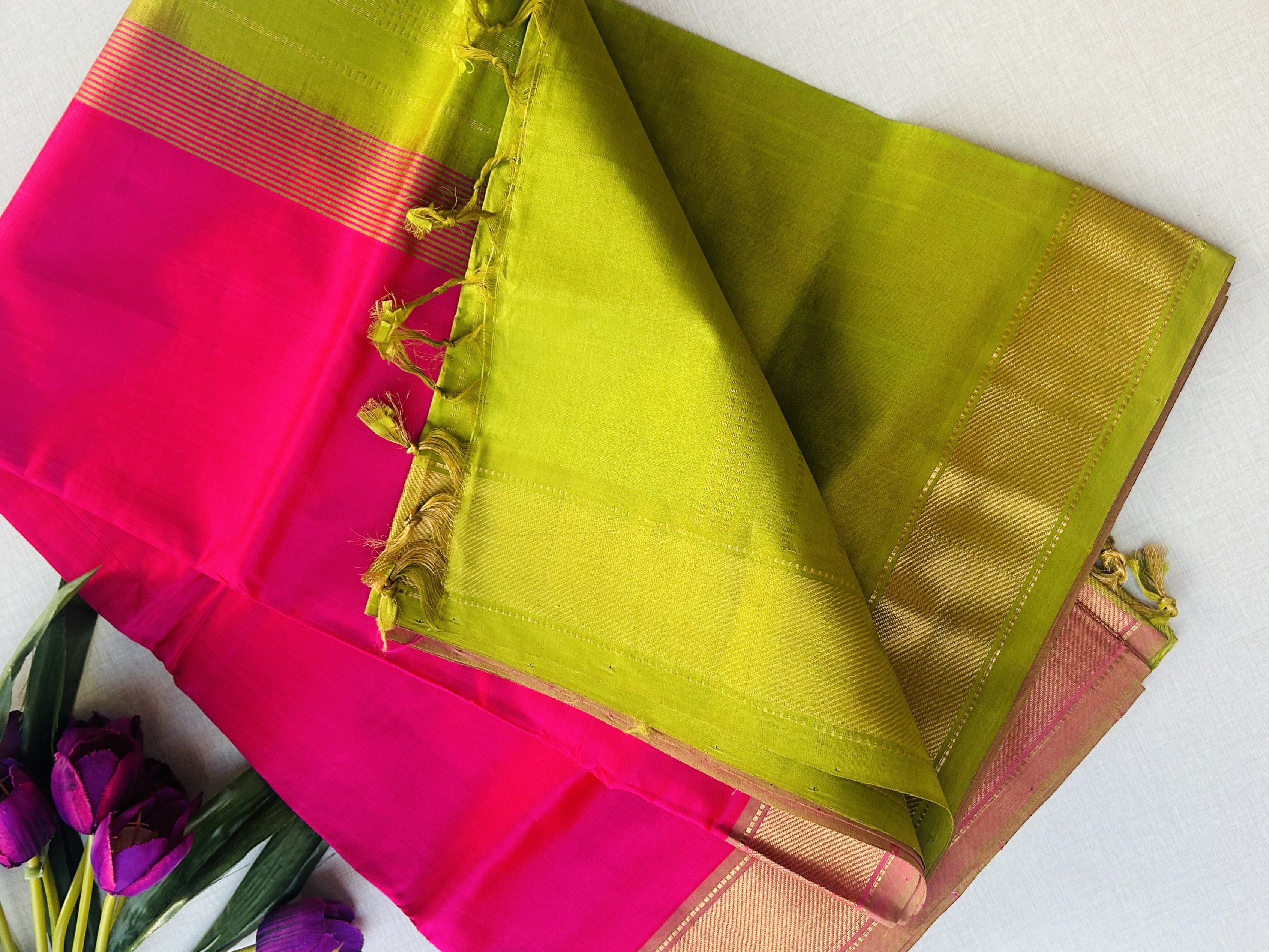 Rani Pink Kanchipuram Silk Cotton Saree with Gold Zari Border | Pure Handloom Kanjivaram Saree with Contrast Lime Green Pallu | Traditional Wedding Saree