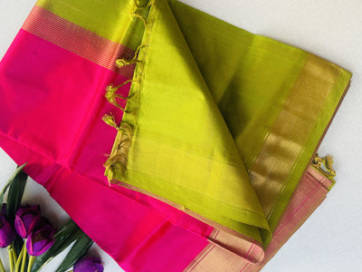 Rani Pink Kanchipuram Silk Cotton Saree with Gold Zari Border | Pure Handloom Kanjivaram Saree with Contrast Lime Green Pallu | Traditional Wedding Saree