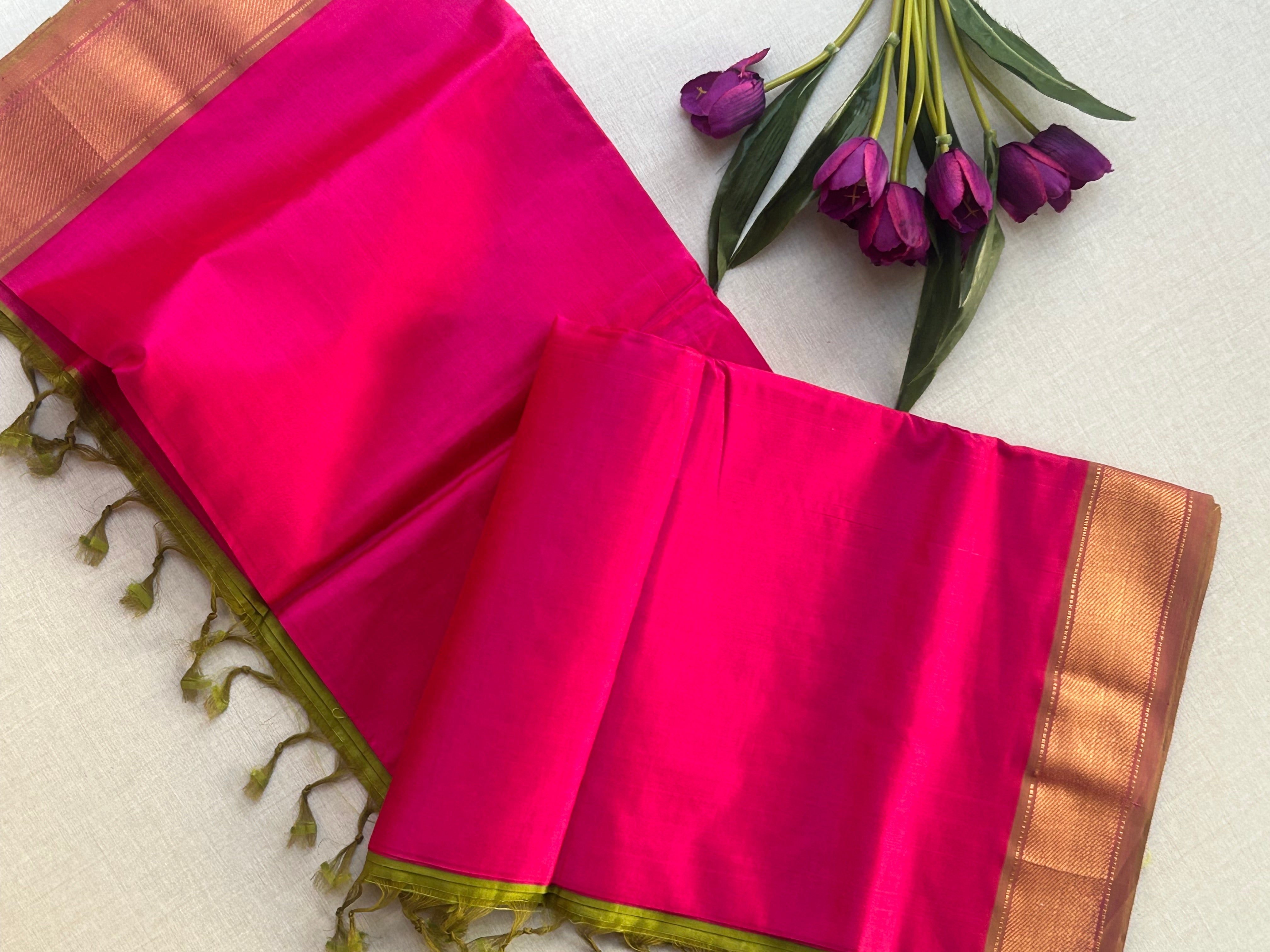 Rani Pink Kanchipuram Silk Cotton Saree with Gold Zari Border | Pure Handloom Kanjivaram Saree with Contrast Lime Green Pallu | Traditional Wedding Saree
