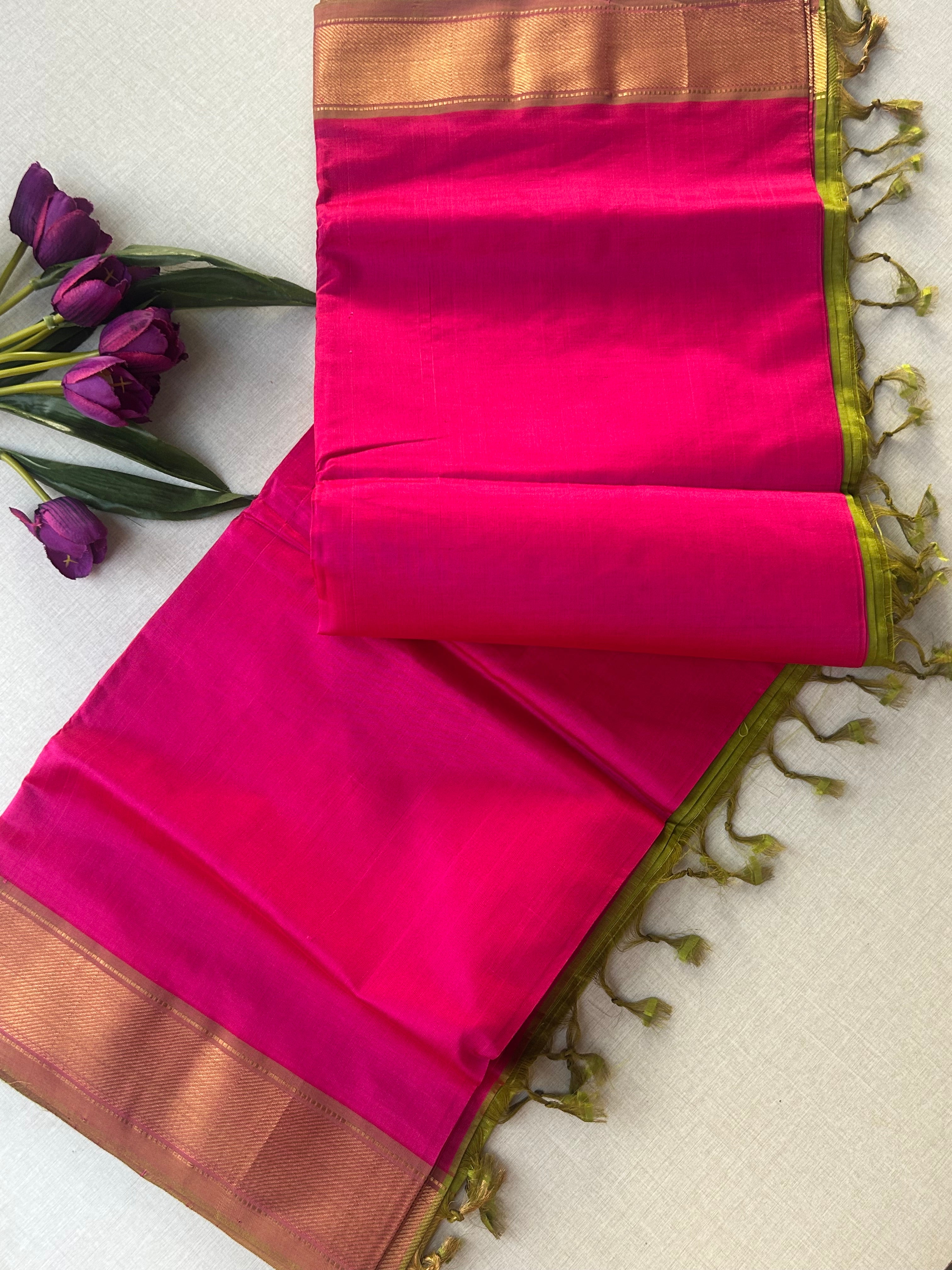 Rani Pink Kanchipuram Silk Cotton Saree with Gold Zari Border | Pure Handloom Kanjivaram Saree with Contrast Lime Green Pallu | Traditional Wedding Saree