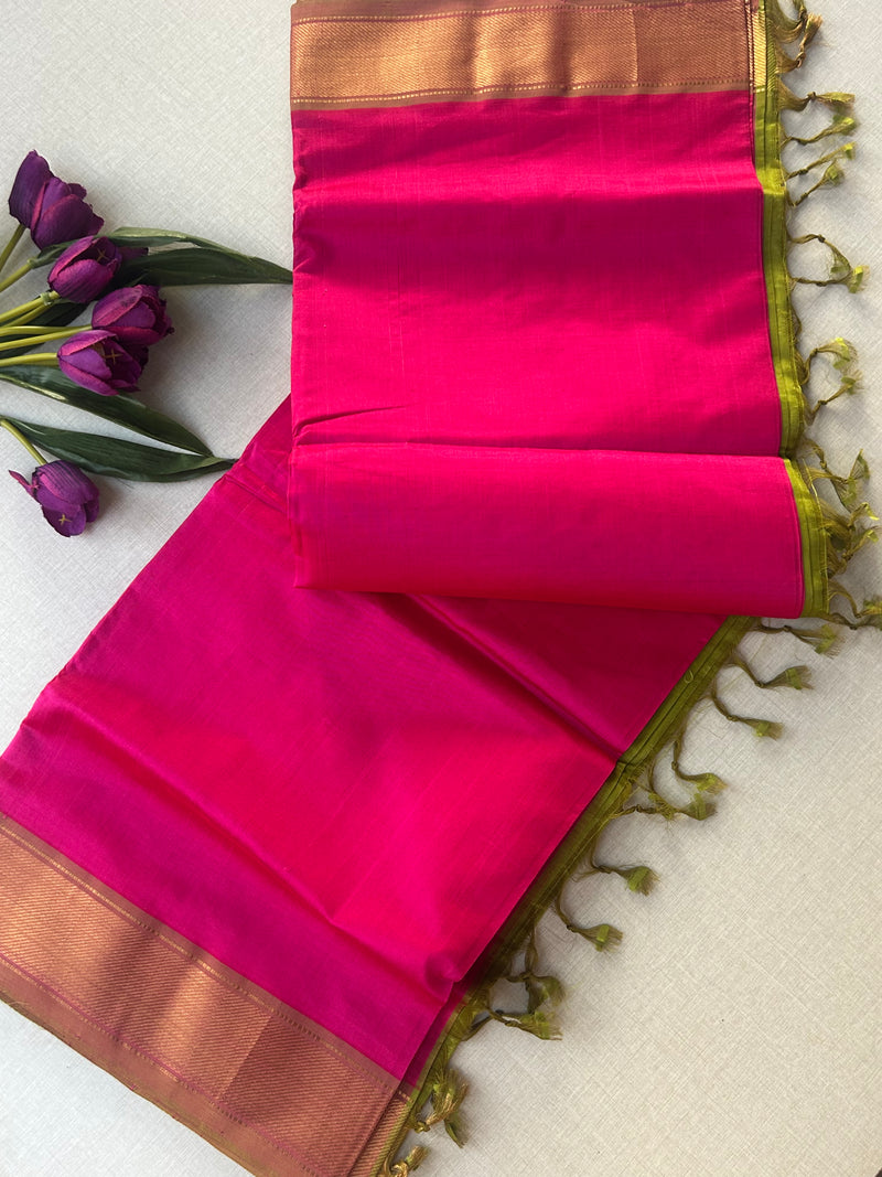 Rani Pink Kanchipuram Silk Cotton Saree with Gold Zari Border | Pure Handloom Kanjivaram Saree with Contrast Lime Green Pallu | Traditional Wedding Saree