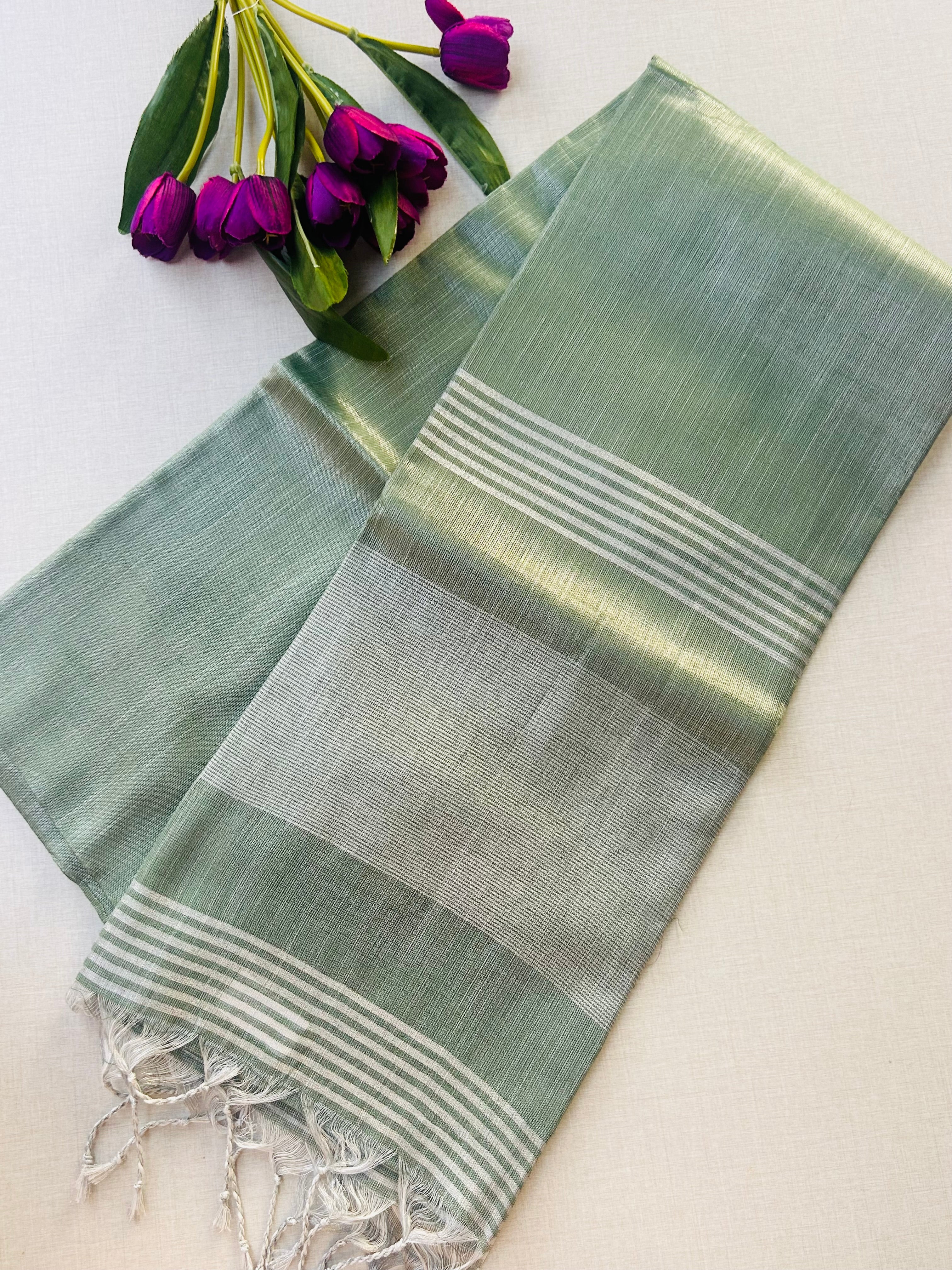 Sage Green Tissue Khadi Saree with Silver Zari Border | Shimmer Saree with Striped Pallu | Elegant Party Wear Cotton Silk Saree