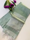 Sage Green Tissue Khadi Saree with Silver Zari Border | Shimmer Saree with Striped Pallu | Elegant Party Wear Cotton Silk Saree