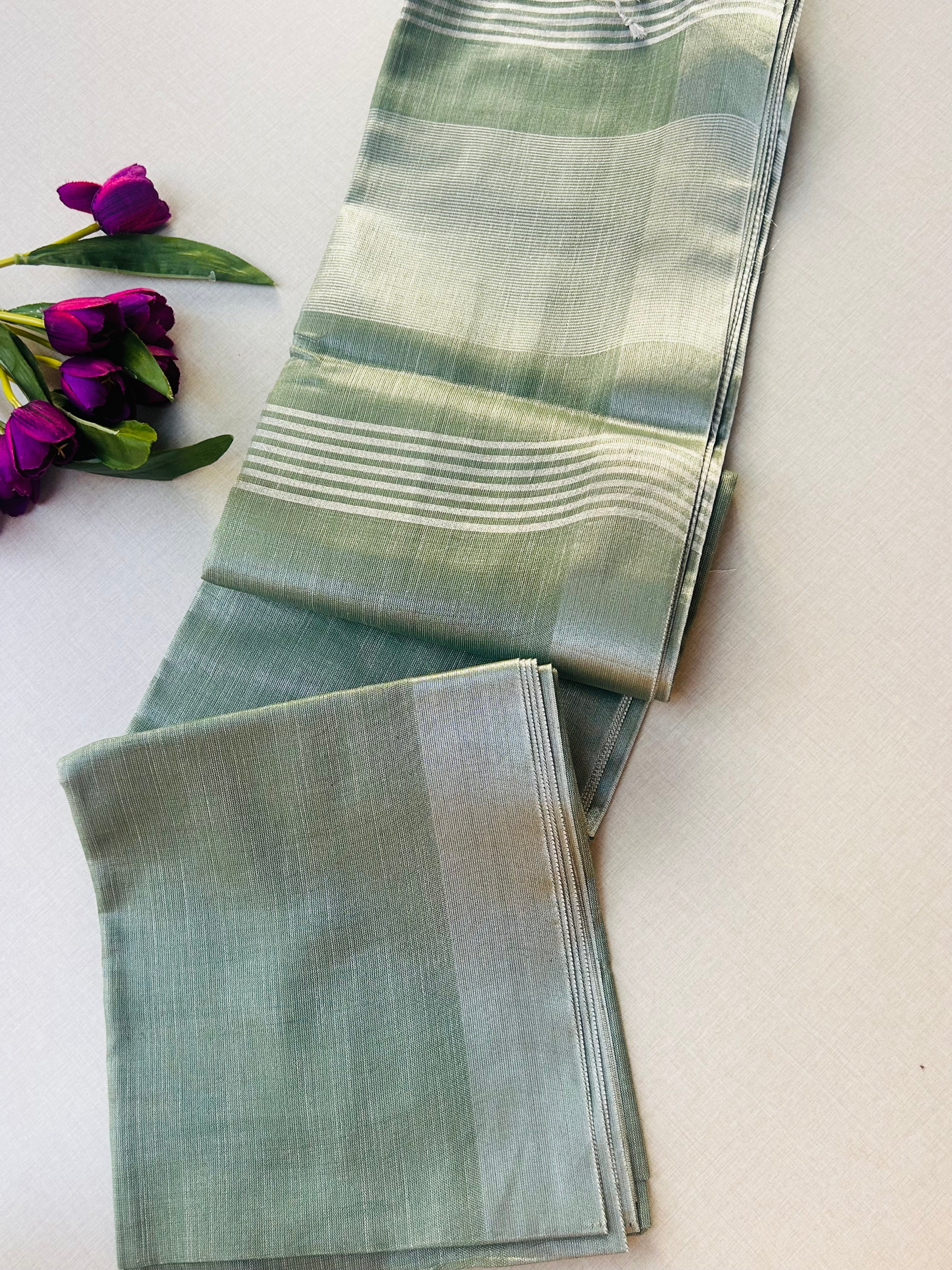 Sage Green Tissue Khadi Saree with Silver Zari Border | Shimmer Saree with Striped Pallu | Elegant Party Wear Cotton Silk Saree