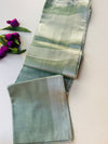 Sage Green Tissue Khadi Saree with Silver Zari Border | Shimmer Saree with Striped Pallu | Elegant Party Wear Cotton Silk Saree