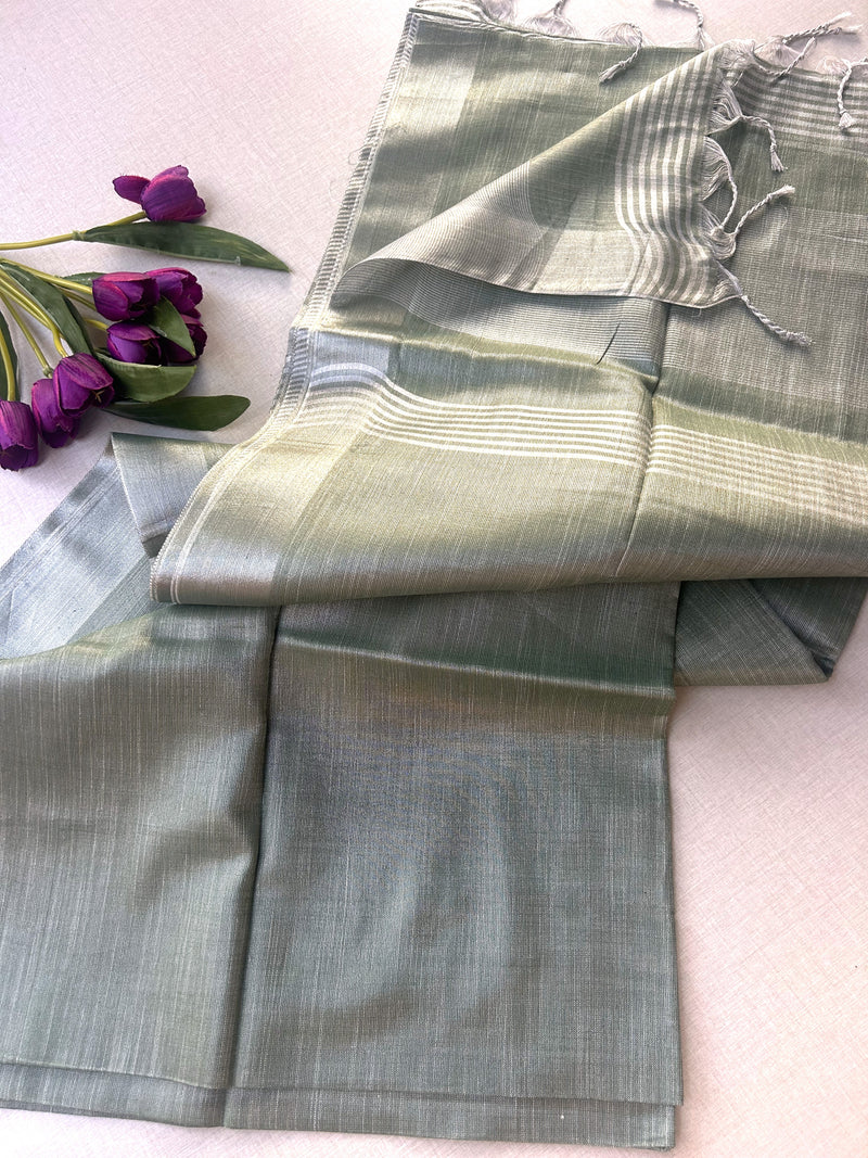 Sage Green Tissue Khadi Saree with Silver Zari Border | Shimmer Saree with Striped Pallu | Elegant Party Wear Cotton Silk Saree