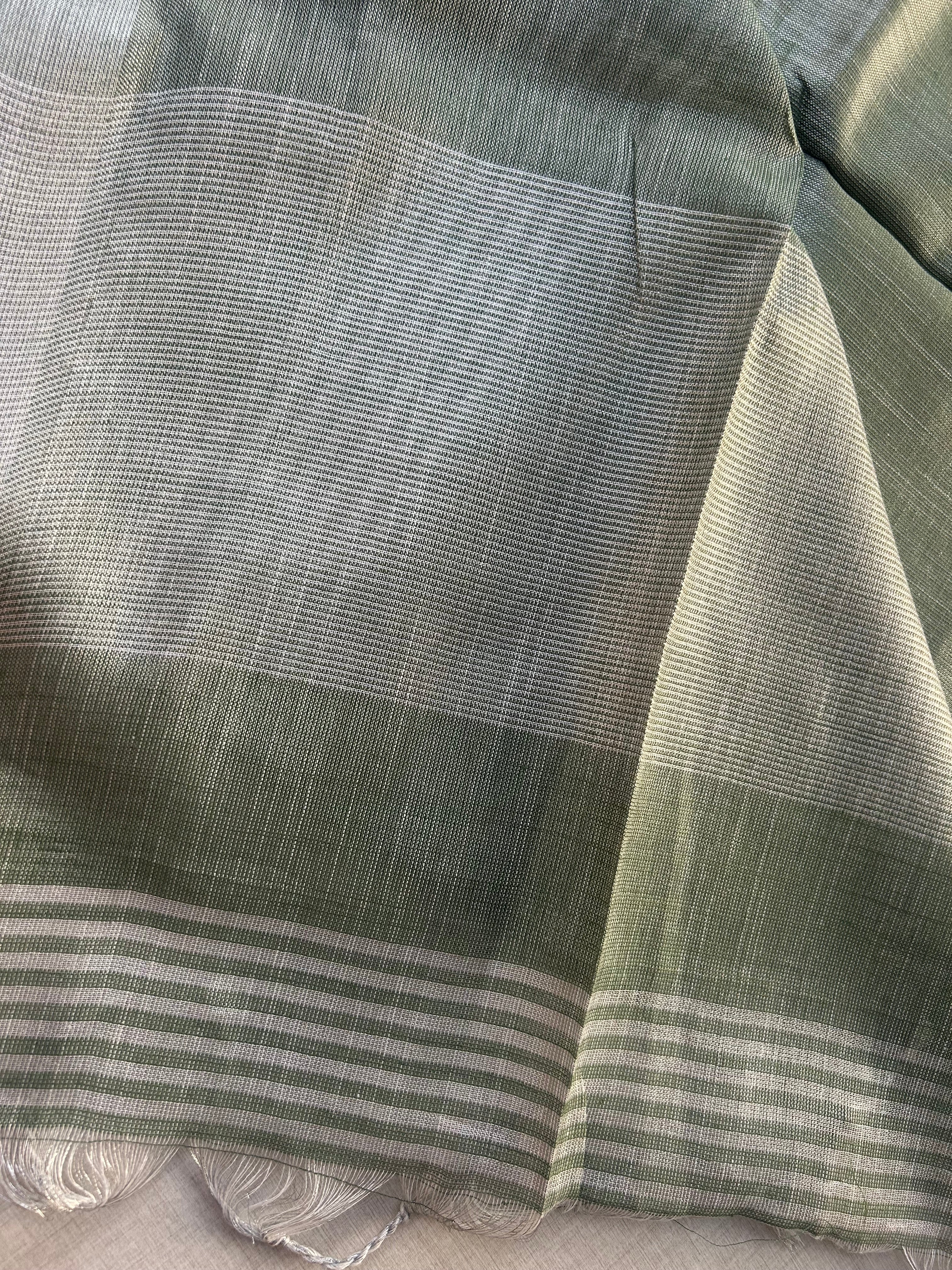 Sage Green Tissue Khadi Saree with Silver Zari Border | Shimmer Saree with Striped Pallu | Elegant Party Wear Cotton Silk Saree