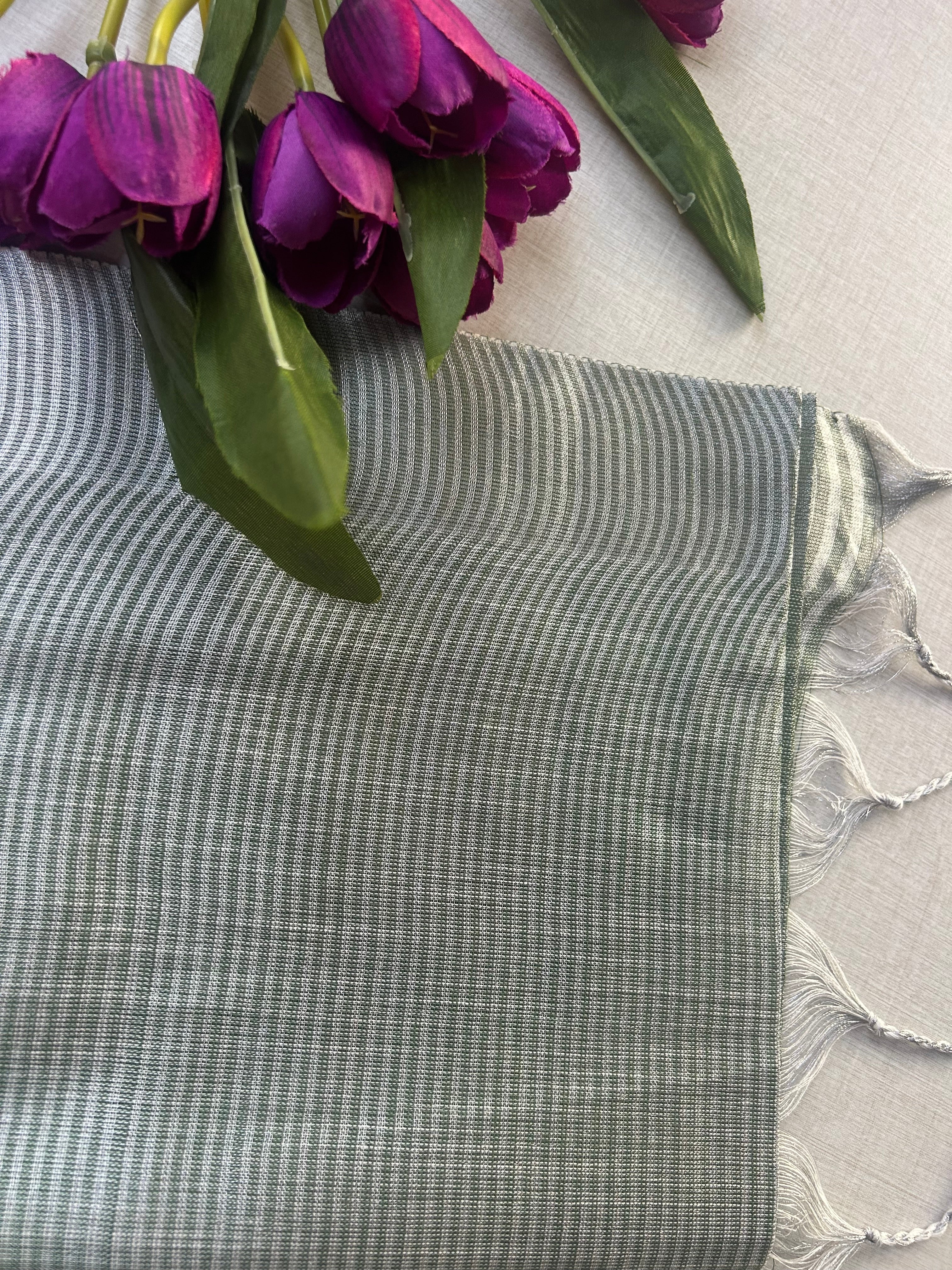 Sage Green Tissue Khadi Saree with Silver Zari Border | Shimmer Saree with Striped Pallu | Elegant Party Wear Cotton Silk Saree