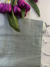 Sage Green Tissue Khadi Saree with Silver Zari Border | Shimmer Saree with Striped Pallu | Elegant Party Wear Cotton Silk Saree