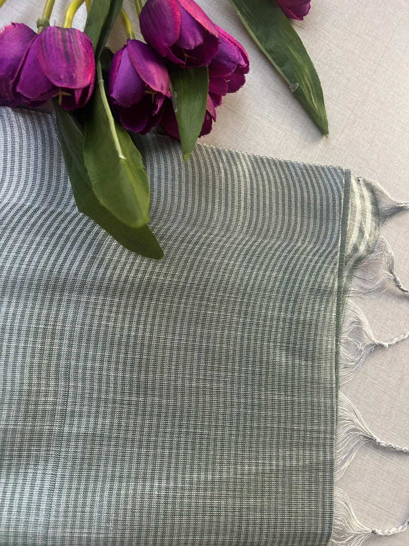 Sage Green Tissue Khadi Saree with Silver Zari Border | Shimmer Saree with Striped Pallu | Elegant Party Wear Cotton Silk Saree